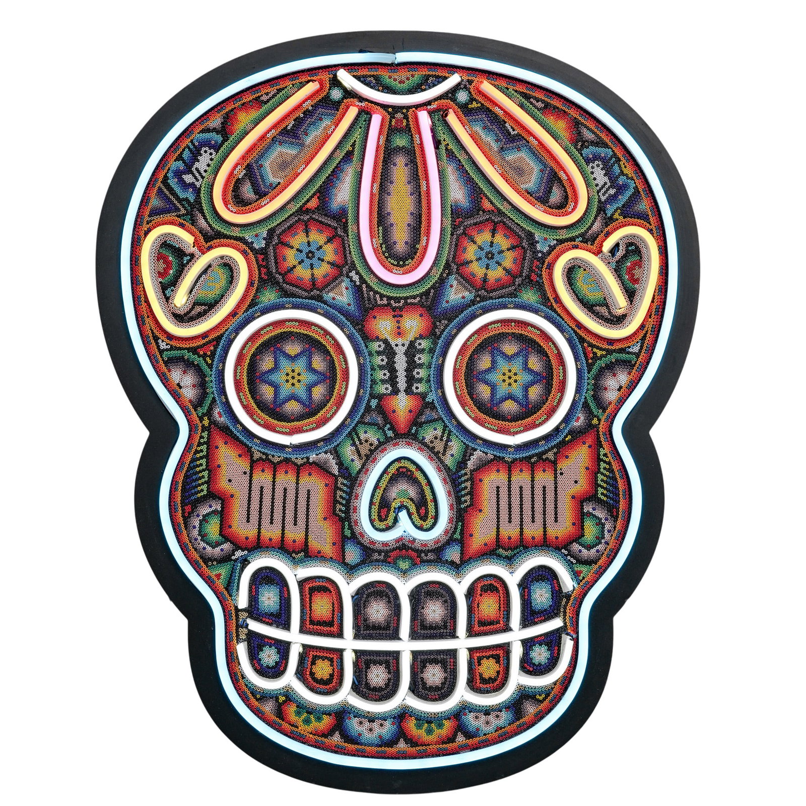 Chroma aka Rick Wolfryd "Day of the Dead" LED Sculpture: Chroma aka Rick Wolfryd "Day of the Dead" LED Sculpture 2026, American Chroma aka Rick Wolfryd (American/Mexican, b. 1953) "Day of the Dead" color beaded LED sculpture in the Huichol style. Signed in 