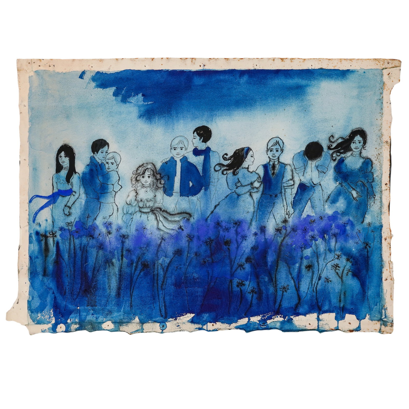 Joni T. Johnson (American, 1934-1988), 'Figures in a Blue Field,' Watercolor on Paper: Joni T. Johnson (American, 1934-1988), 'Figures in a Blue Field,' Watercolor on Paper Late 20th Century, USA Dreamlike figural composition of a group of people in grief, rendered in vivid blue tones w