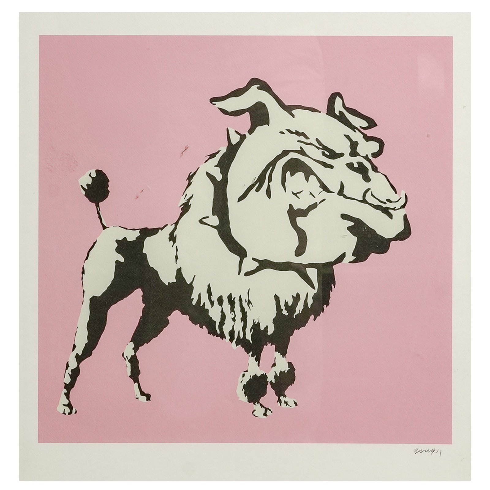 Banksy (British, 1973-), 'Bulldog Poodle' Lithograph: Banksy (British, 1973- ), 'Bulldog Poodle' Lithograph Late 20th Century, England Graphic canine composition rendered in black against a pink ground, executed in the artist’s recognizable street art 