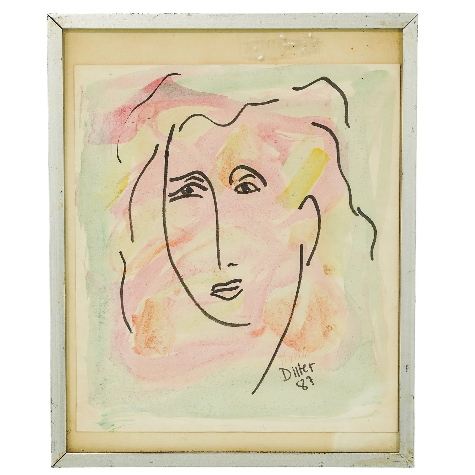 Phyllis Diller (American, 1917–2012) Watercolor & Ink On Paper Painting: This original watercolor and ink painting is an example of the minimalist portraiture created by American comedian Phyllis Diller. Utilizing rapid, expressive lines, the piece depicts a stylized face 