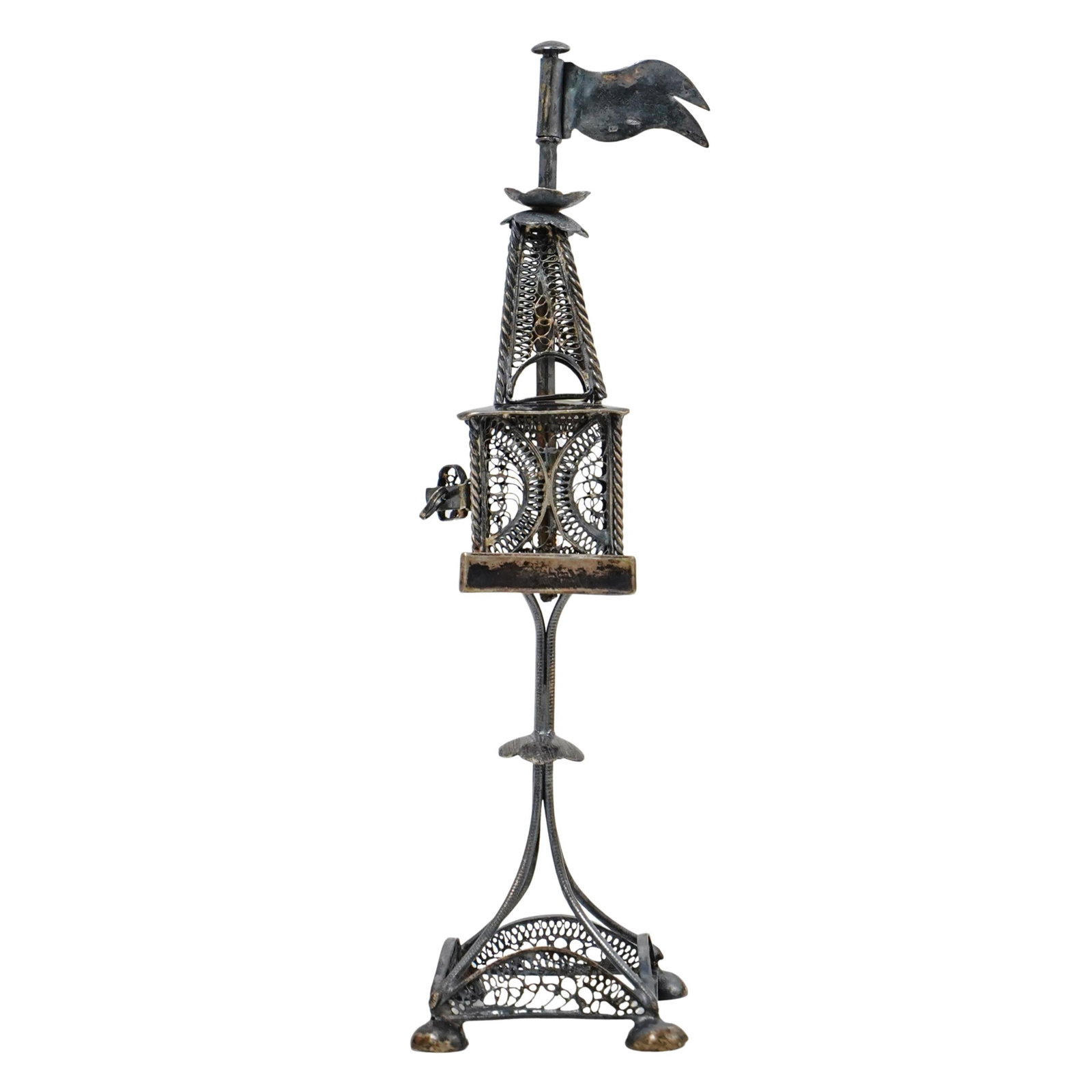 Sterling Silver Judaica Besamim Spice Tower: Sterling Silver Judaica Besamim Spice Tower 20th c., Israel Sterling silver besamim spice tower featuring grape bunches, leaves, and vines. It is hallmarked "Sterling" with illegible marks on edge. 13