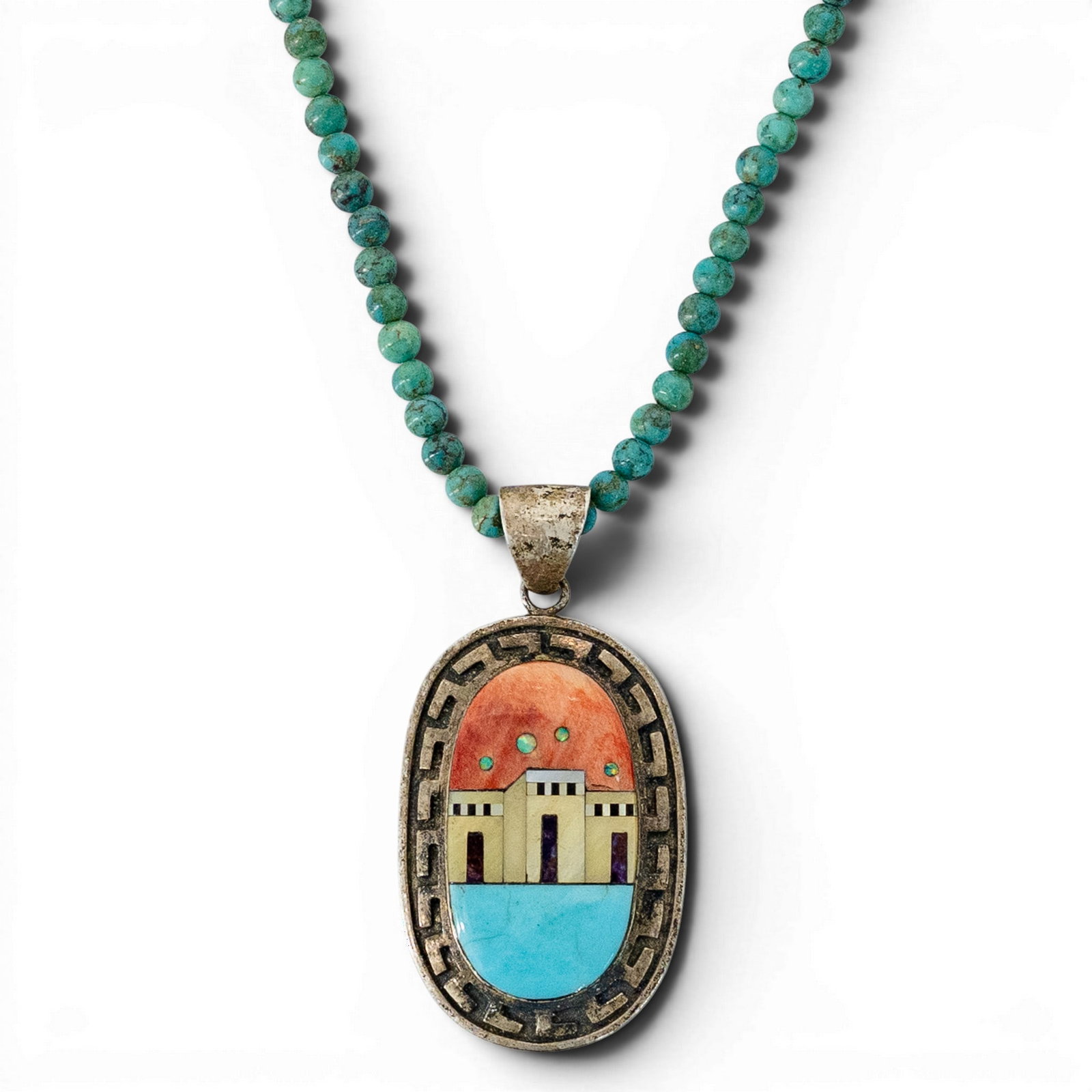 Zuni Sterling Silver & Turquoise Inlay Pendant Necklace (1 of 5)