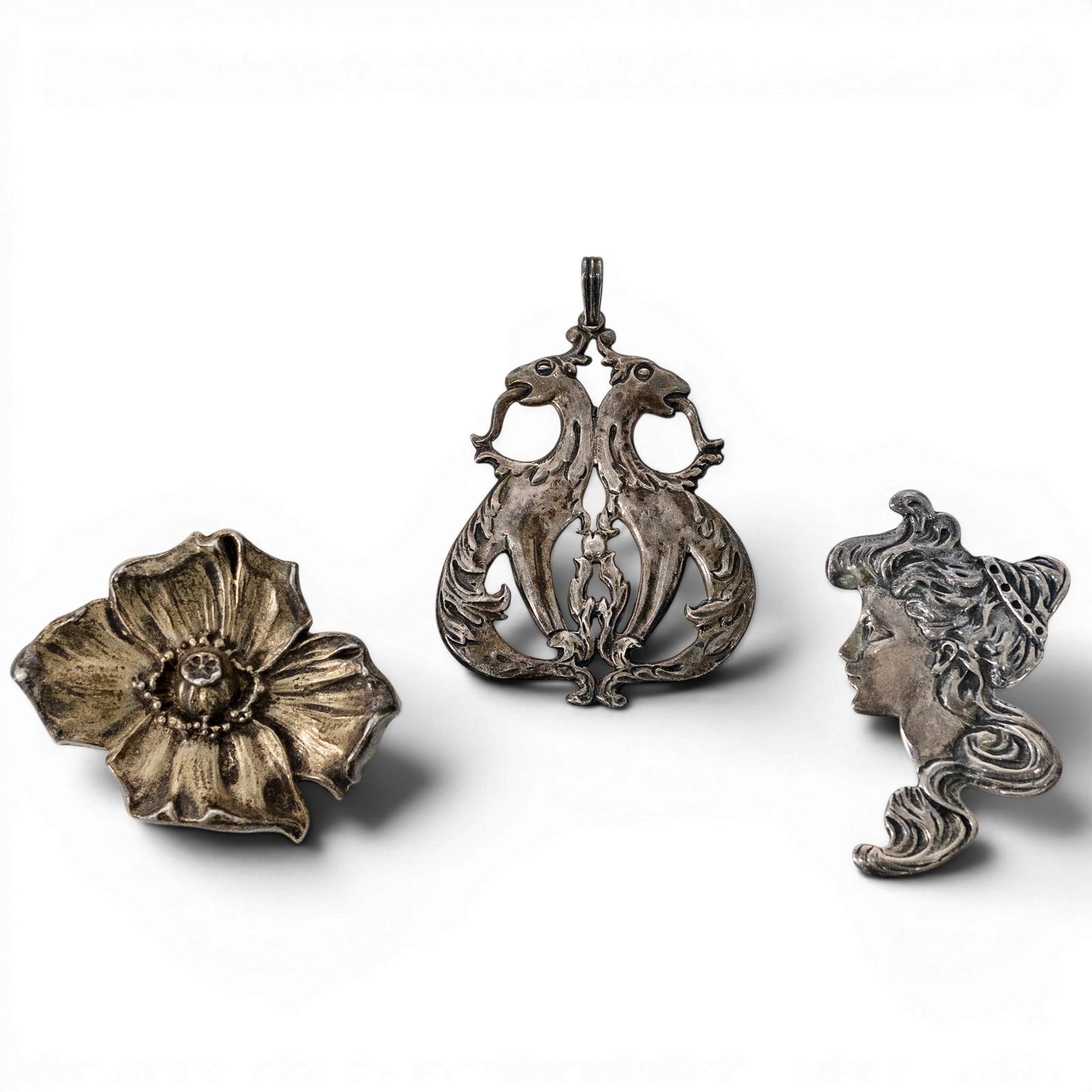 (3 Pc) Art Nouveau Revival Sterling Silver Brooch & Pendant Lot (1 of 7)