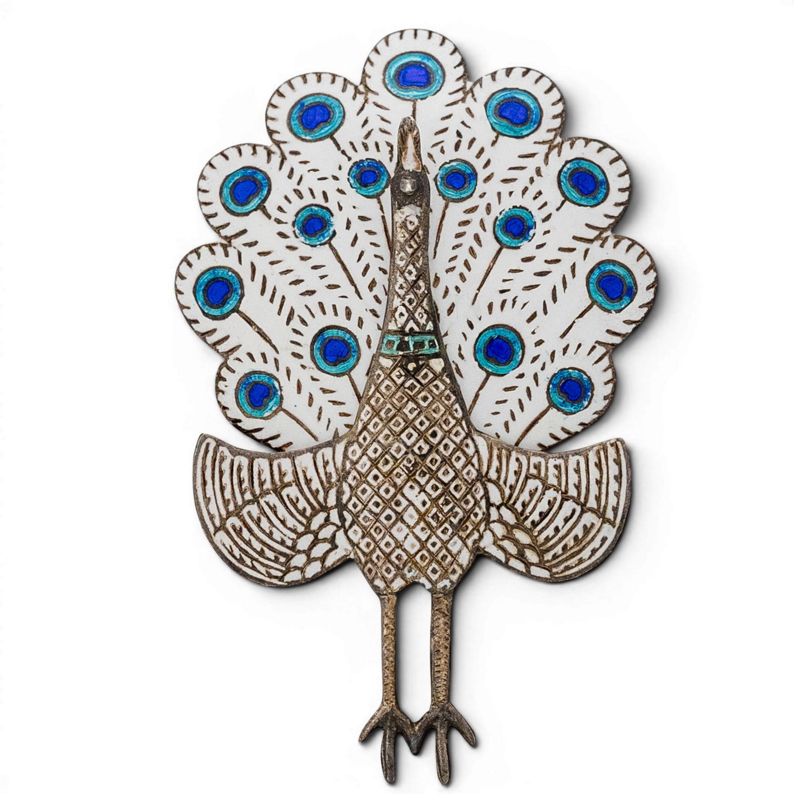 Vintage Siam Sterling Silver & Enamel Peacock Brooch: Vintage Siam Sterling Silver & Enamel Peacock Brooch Mid 20th Century, Thai Vintage Siam sterling silver brooch in peacock form with fanned tail, hinged lower section, white enamel ground, and blue an