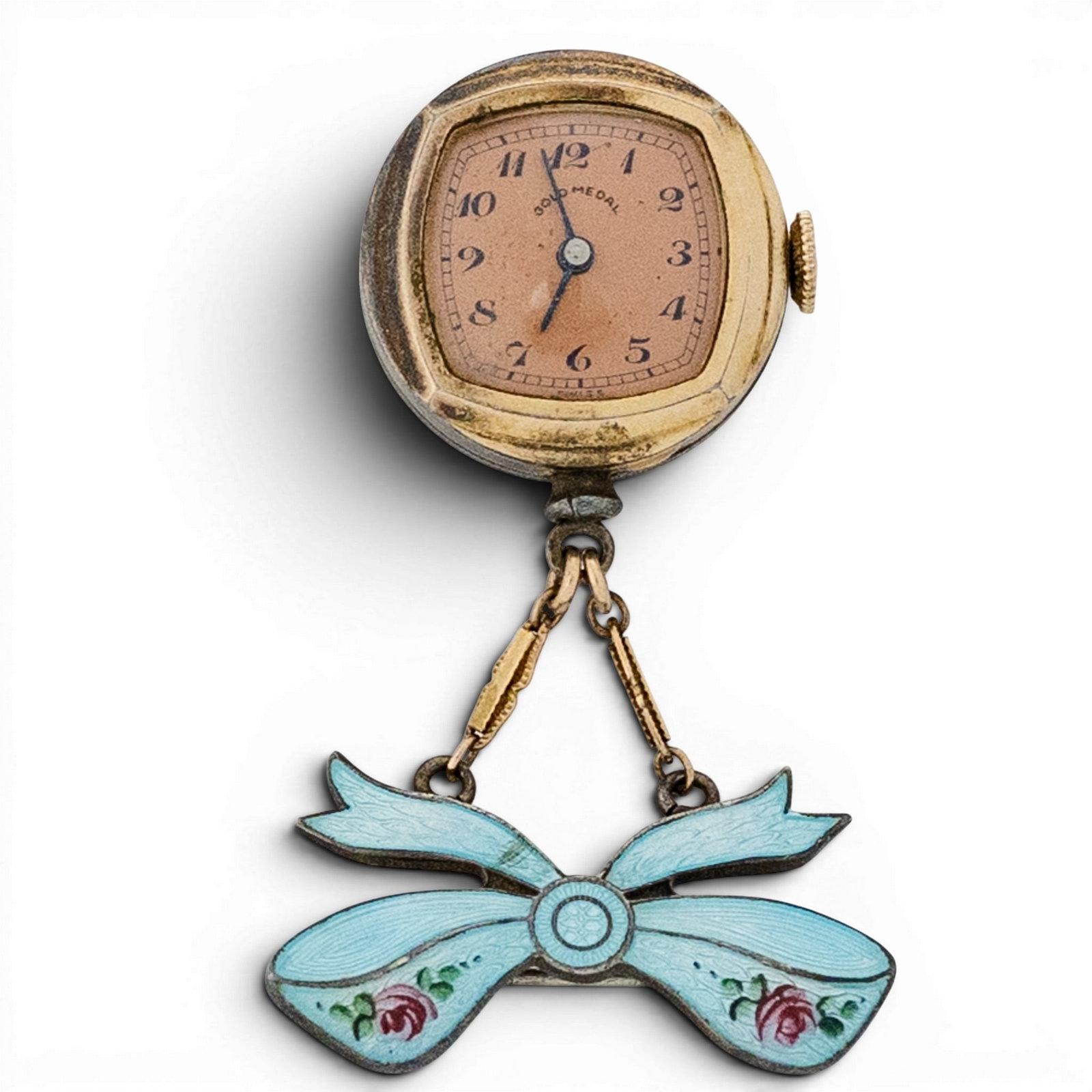 Antique Swiss Gold Medal Enamel Pendant Watch With Sterling Bow Brooch: Antique Swiss Gold Medal Enamel Pendant Watch With Sterling Bow Brooch 1910s-1930s, Swiss Antique Swiss pendant watch suspended from a sterling silver bow brooch, decorated with pale blue guilloché-s
