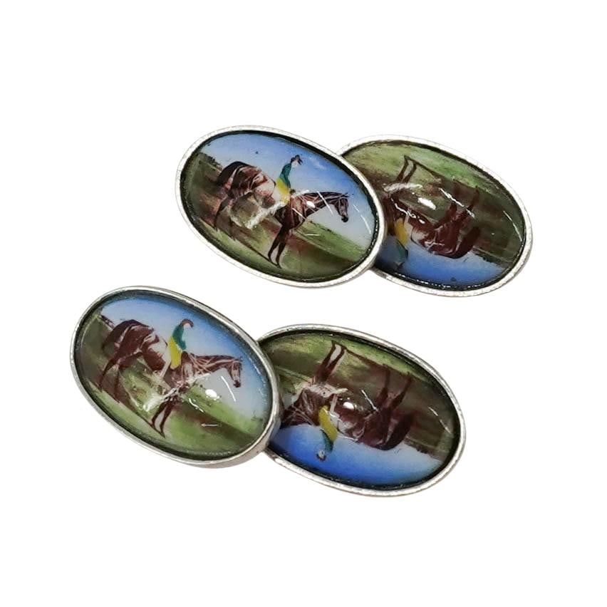 Sterling Silver & Enameled Equestrian Cufflinks: Sterling Silver & Enameled Equestrian Cufflinks 20th century A set of sterling silver cufflinks with enameled equestrian motifs. Total weight: 8 g. L approx. 21 mm