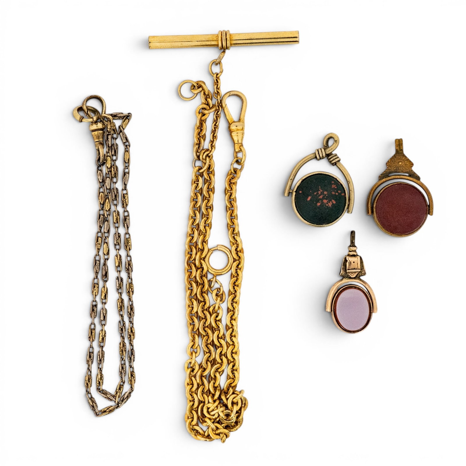 (5 Pcs) Victorian 10k Gold Bloodstone Carnelian & Agate Spinner Fob Pendant Group with Watch Chains: (5 Pcs) Victorian 10k Gold Bloodstone Carnelian & Agate Spinner Fob Pendant Group with Watch Chains Late 19th-early 20th century Group comprising three Victorian hardstone spinner fob pendants includi