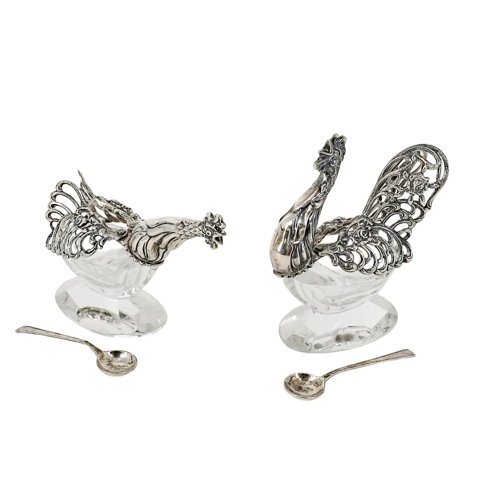 (4 Pc) August Betz German Silver & Cut Crystal Rooster Salt Cellars: (4 Pc) August Betz German Silver & Cut Crystal Rooster Salt Cellars Early 20th Century, Germany Featuring ornate rooster-form mounts in pierced .835 silver atop cut crystal bodies, accompanied by West