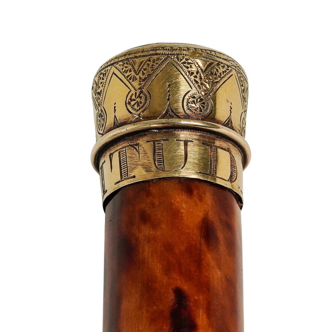 14k Gold Rolled Tortoise Hued Walking Stick: 14k Gold Rolled Tortoise Hued Walking Stick 20th century A tortoise hued walking stick. 14k gold cap hardware engraved "Gratitud" with decorative designs. Silver-tone hardware at bottom. Marked near