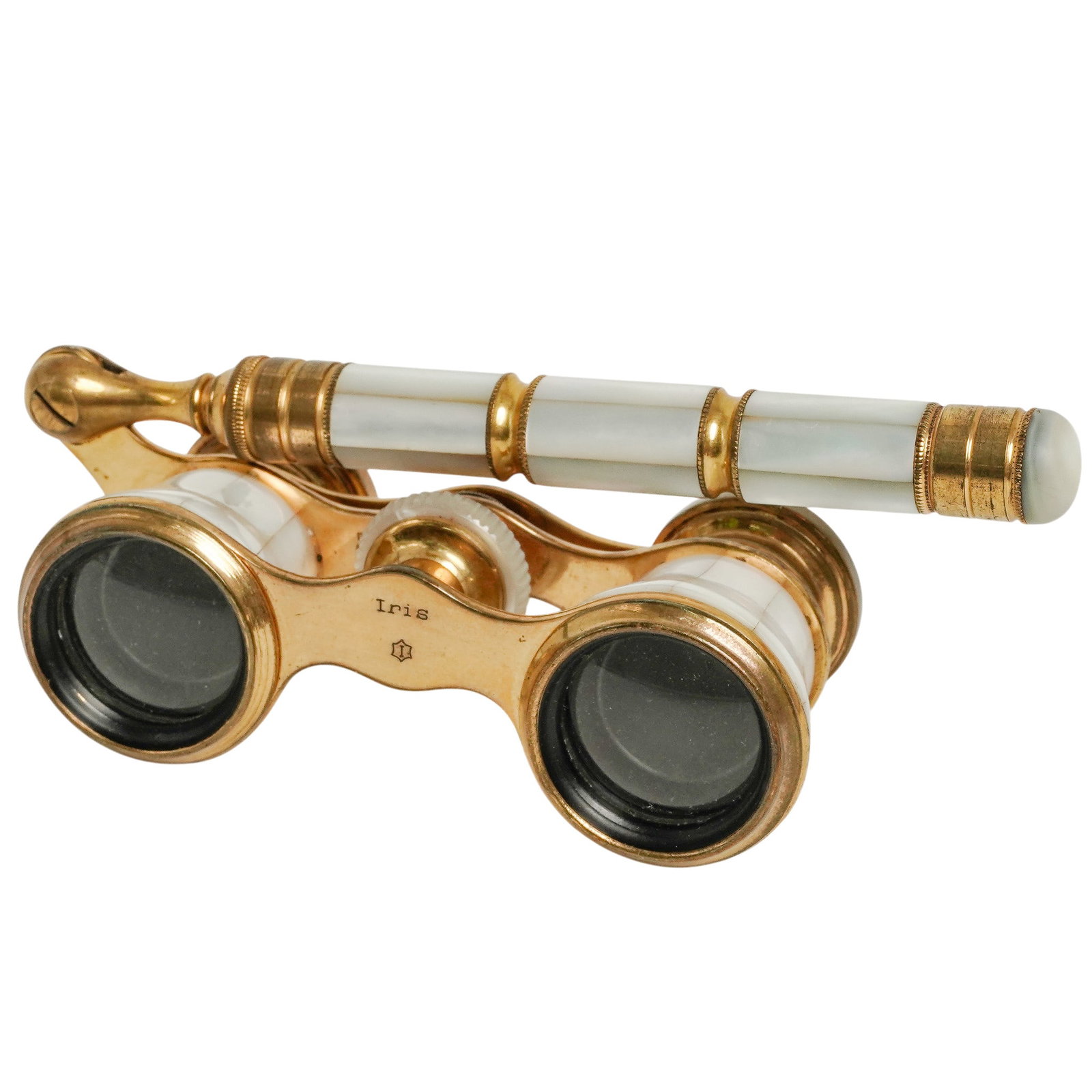 Victorian French Iris MOP & Brass Opera Glasses: Victorian French Iris MOP & Brass Opera Glasses Circa 1890-1910. French Mother-of-pearl and brass opera glasses made by the renowned French manufacturer Iris of Paris. They feature an iridescent Nacre