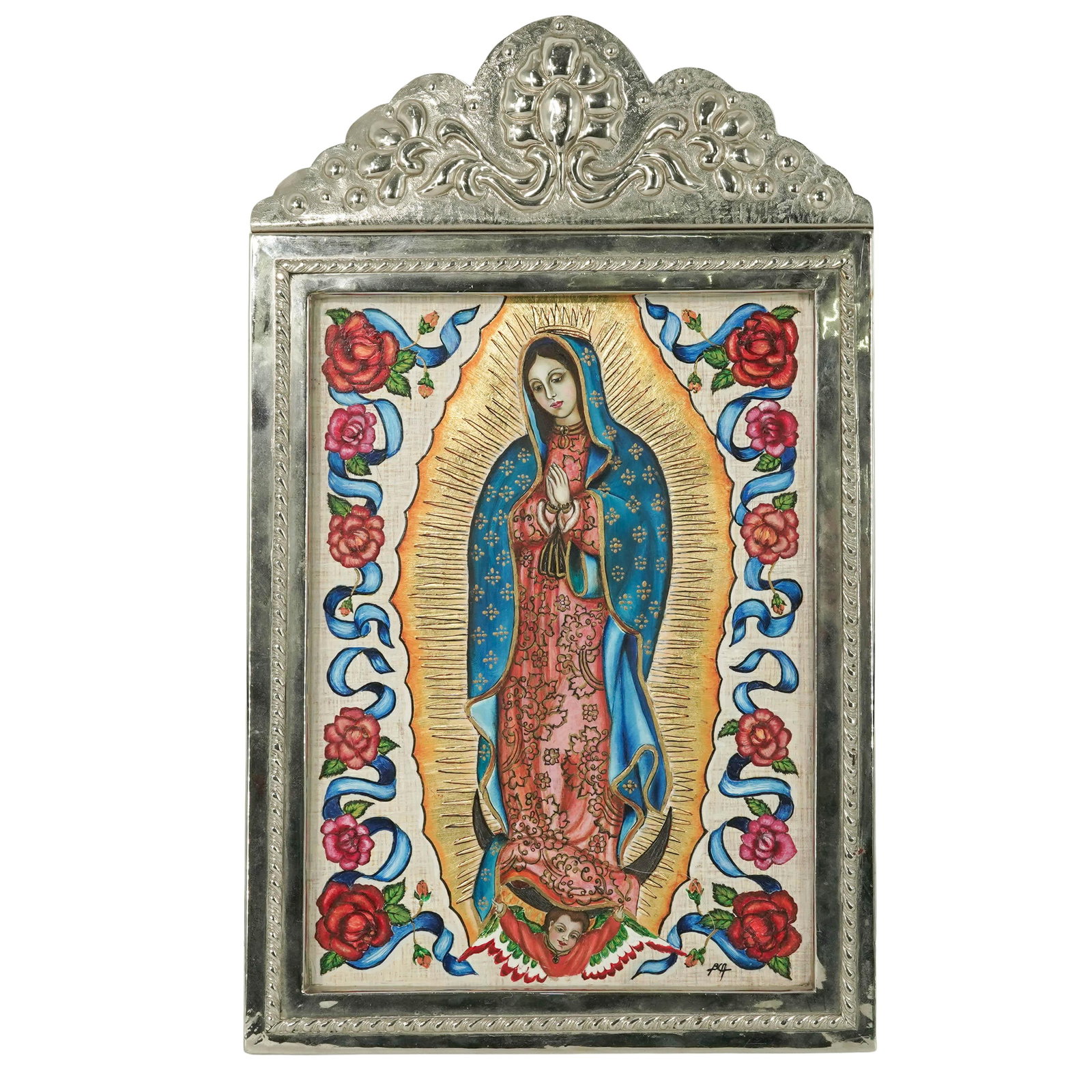Bertha Cuellar (Mexican) 'Madonna' Oil On Board: Bertha Cuellar (Mexican) 'Madonna' Oil On Board 20th Century, Mexico Bertha Cuellar, “Madonna,” oil on board with gold leaf, depicting the Virgin of Guadalupe framed by vibrant floral and ribb