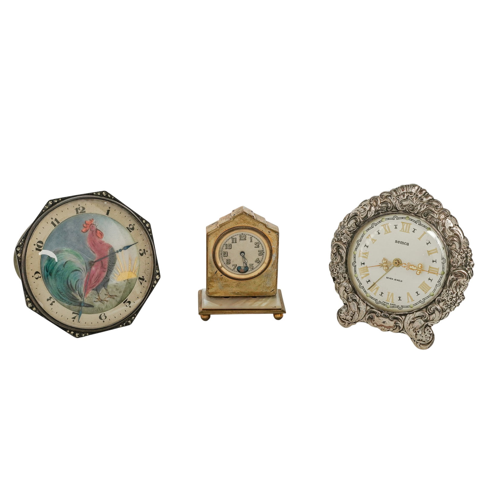 (3 pc) Collection of Vintage Desk Sterling Silver Clocks Solomax & Semca: (3 pc) Collection of Vintage Desk Sterling Silver Clocks Solomax & Semca Early 20th century, Swiss Collection of Desk Clocks includes: (1) Vintage Semca, (1940-50s) Swiss made, travel clock housed in 