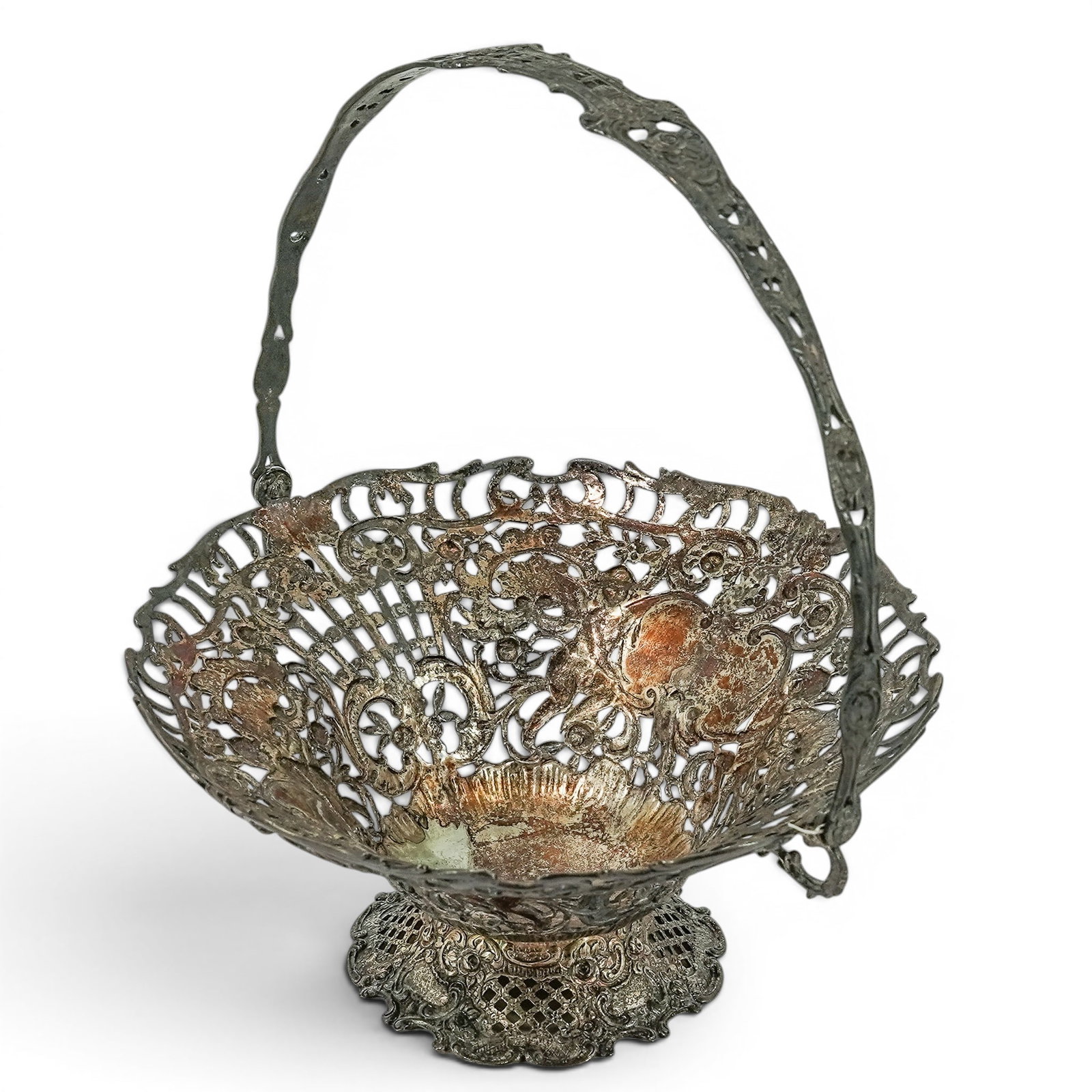 19th C. German Silver Reticulated Bride's Basket: 19th C. German Silver Reticulated Bride's Basket 19th c., Germany Antique German silver bridal swinging handle basket featuring an ornate pierced design with cherubs, floral motifs, and intricate