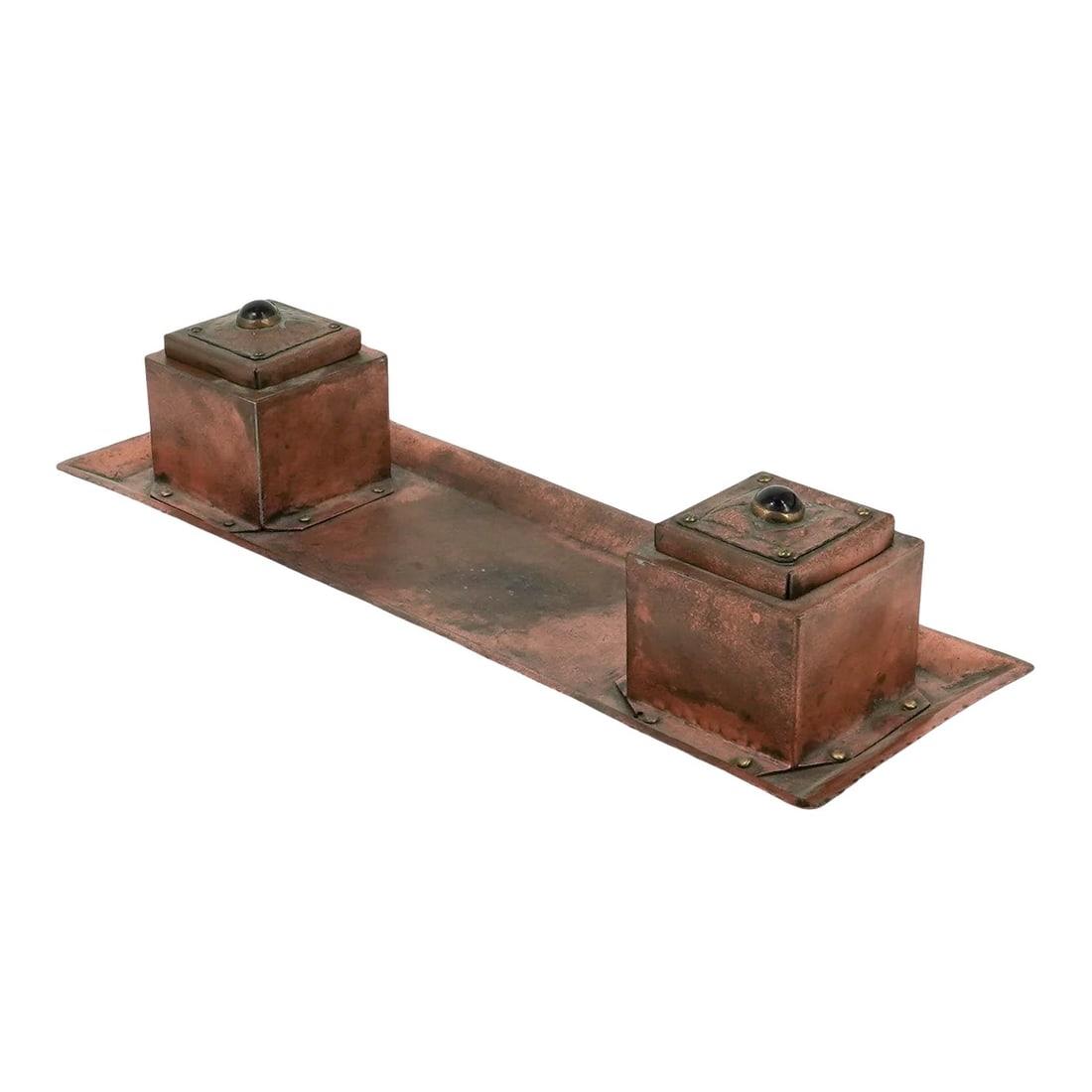 Arts & Crafts Copper Double Inkwell Desk Set: Arts & Crafts Copper Double Inkwell Desk Set Early 20th c., USA Artisan double inkwell desk set crafted from hammered copper with geometric designs characteristic of the Arts and Crafts Mission
