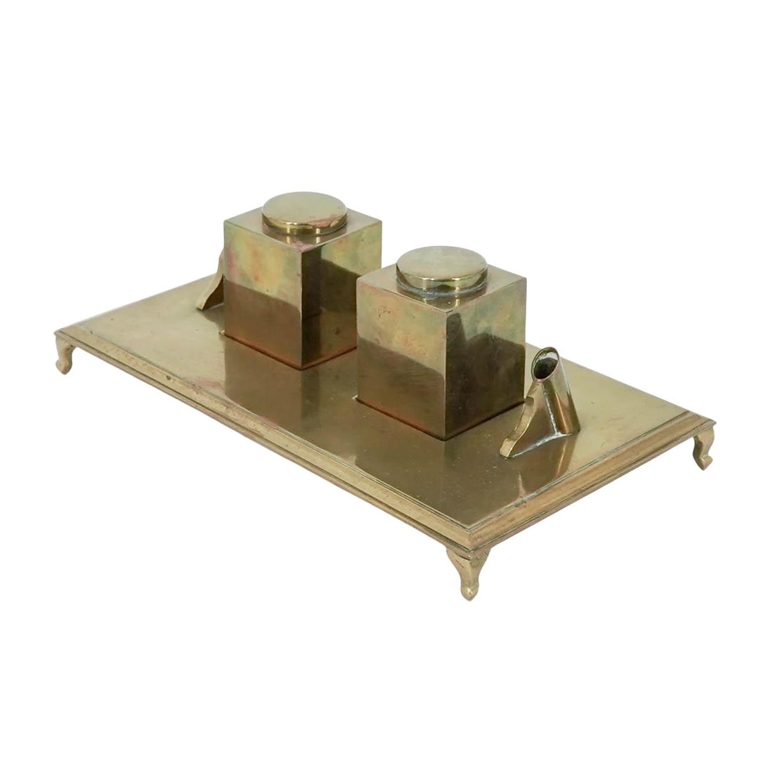 Sarried Ltd. Italian Brass Double Inkwell Desk Set: Sarried Ltd. Italian Brass Double Inkwell Desk Set Mid 20th c., Italy Vintage brass double inkwell desk set featuring a rectangular footed tray with two square lidded ink pots and two holders for pens
