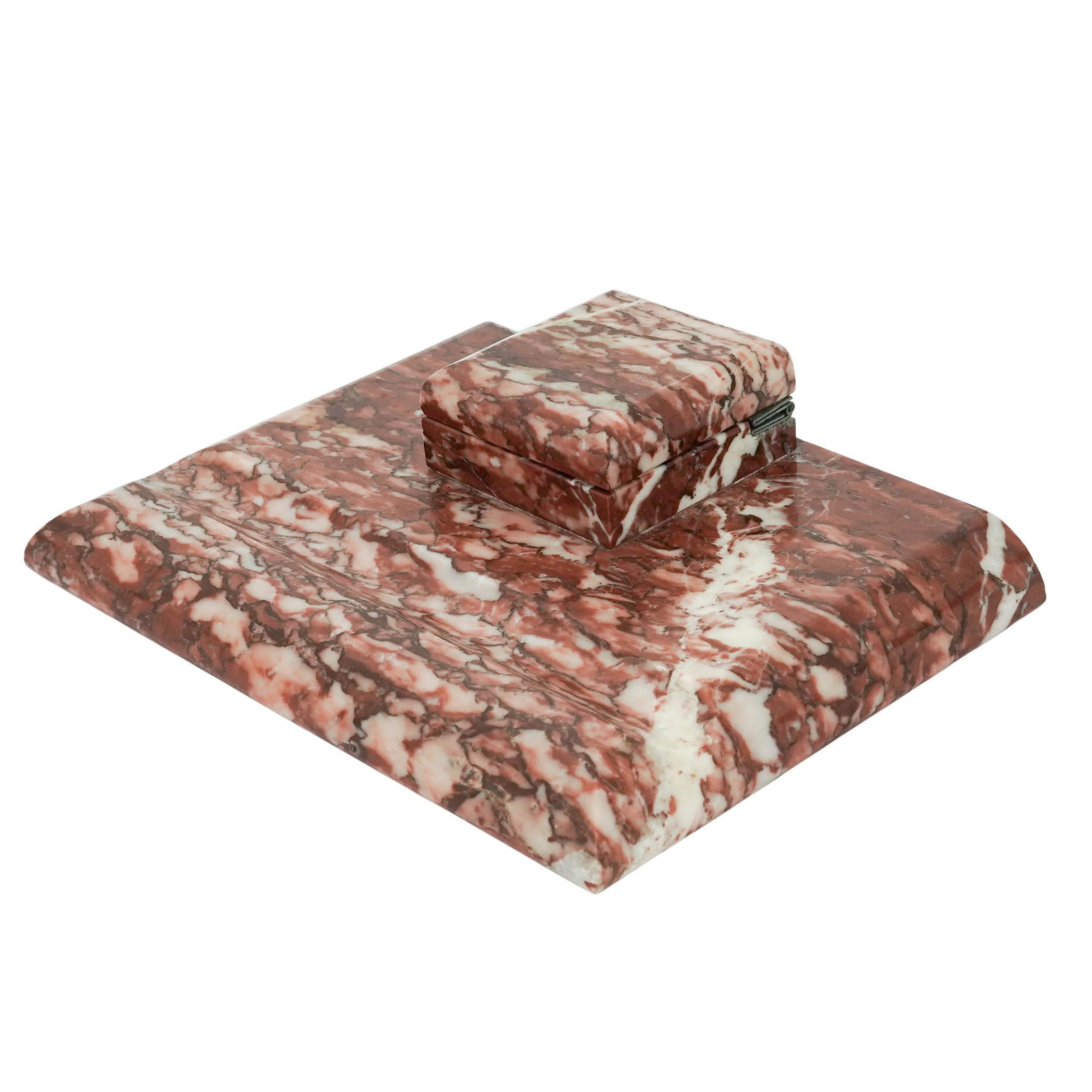 Antique Italian Red Marble Inkwell Desk Set: Antique Italian Red Marble Inkwell Desk Set 19th-Early 20th c., Italy Antique rouge marble desk set featuring a rectangular base tray with a carved quill/pen rest and an integrated square inkwell