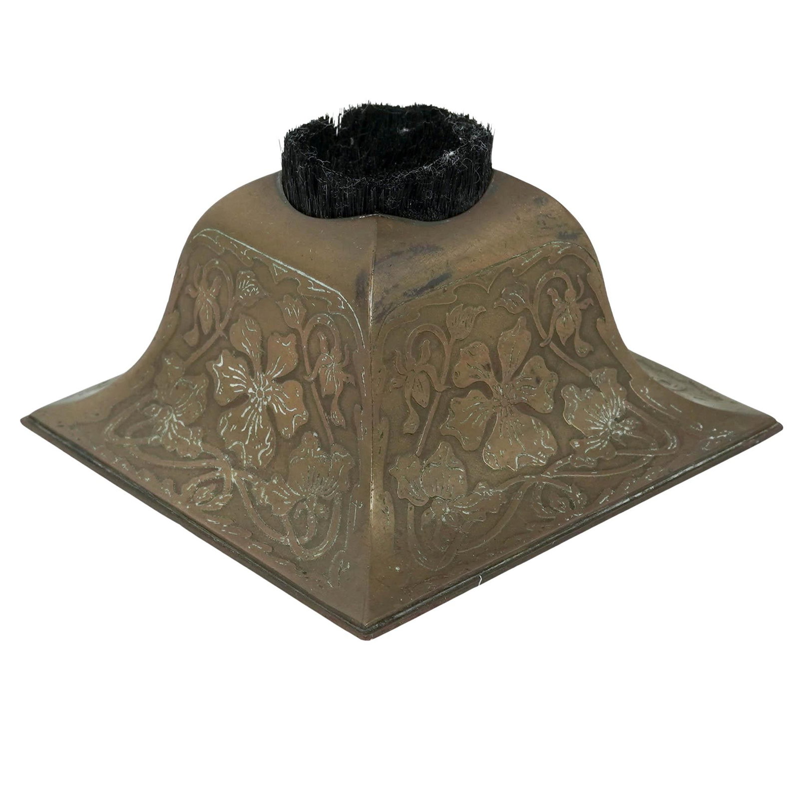 Vintage Italian Bronze Floral Inkwell: Vintage Italian Bronze Floral Inkwell Mid-20th Century, Italy. Cast bronze inkwell of square, stepped form with sloping sides, decorated with engraved floral and foliate motifs. The top fitted with a