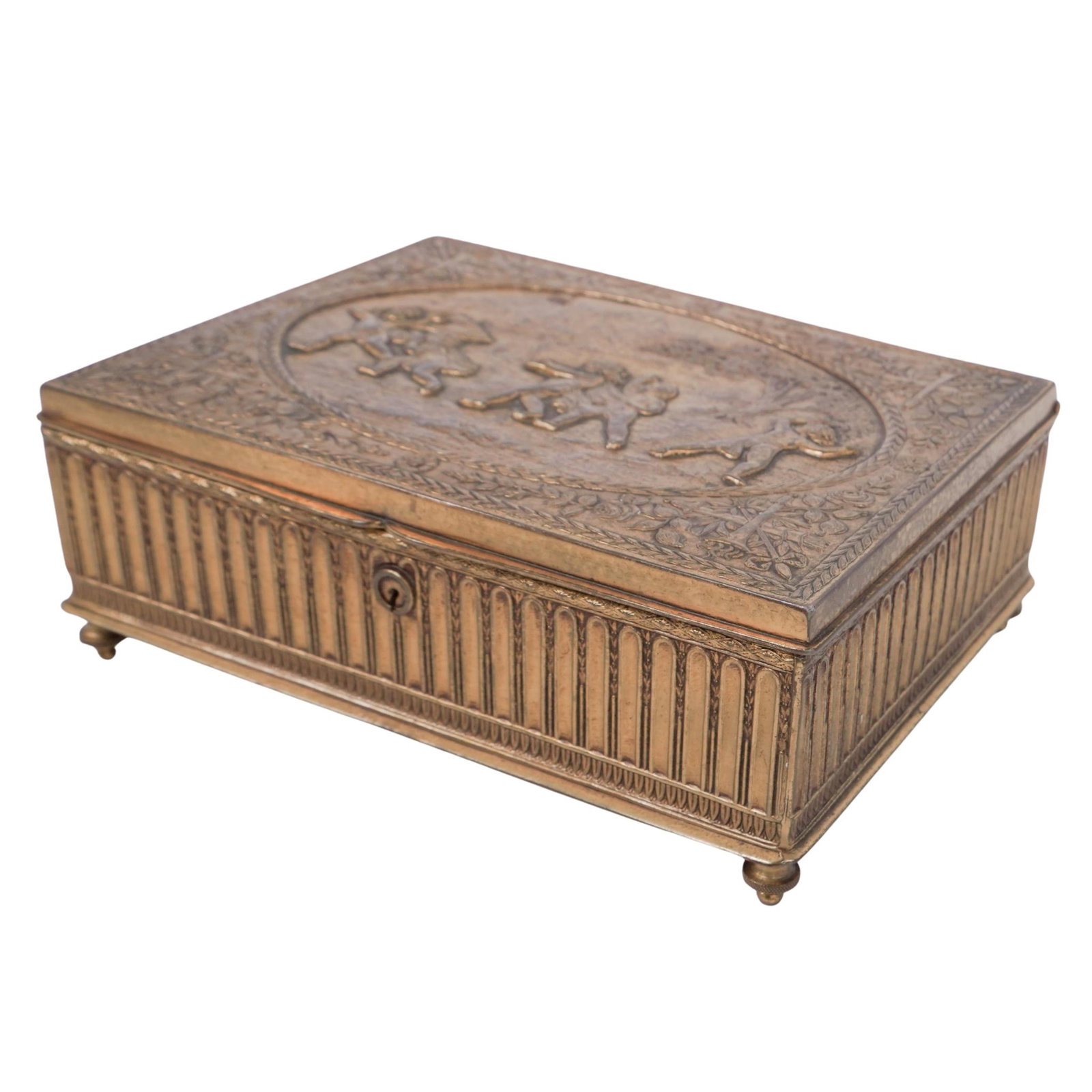 Antique Renaissance Revival Style Gilt Bronze Jewelry Box: Antique Renaissance Revival Style Gilt Bronze Jewelry Box Late 19th to Early 20th c., Europe Antique gilded bronze vanity box featuring embossed arches around all the sides and a neoclassical putti re