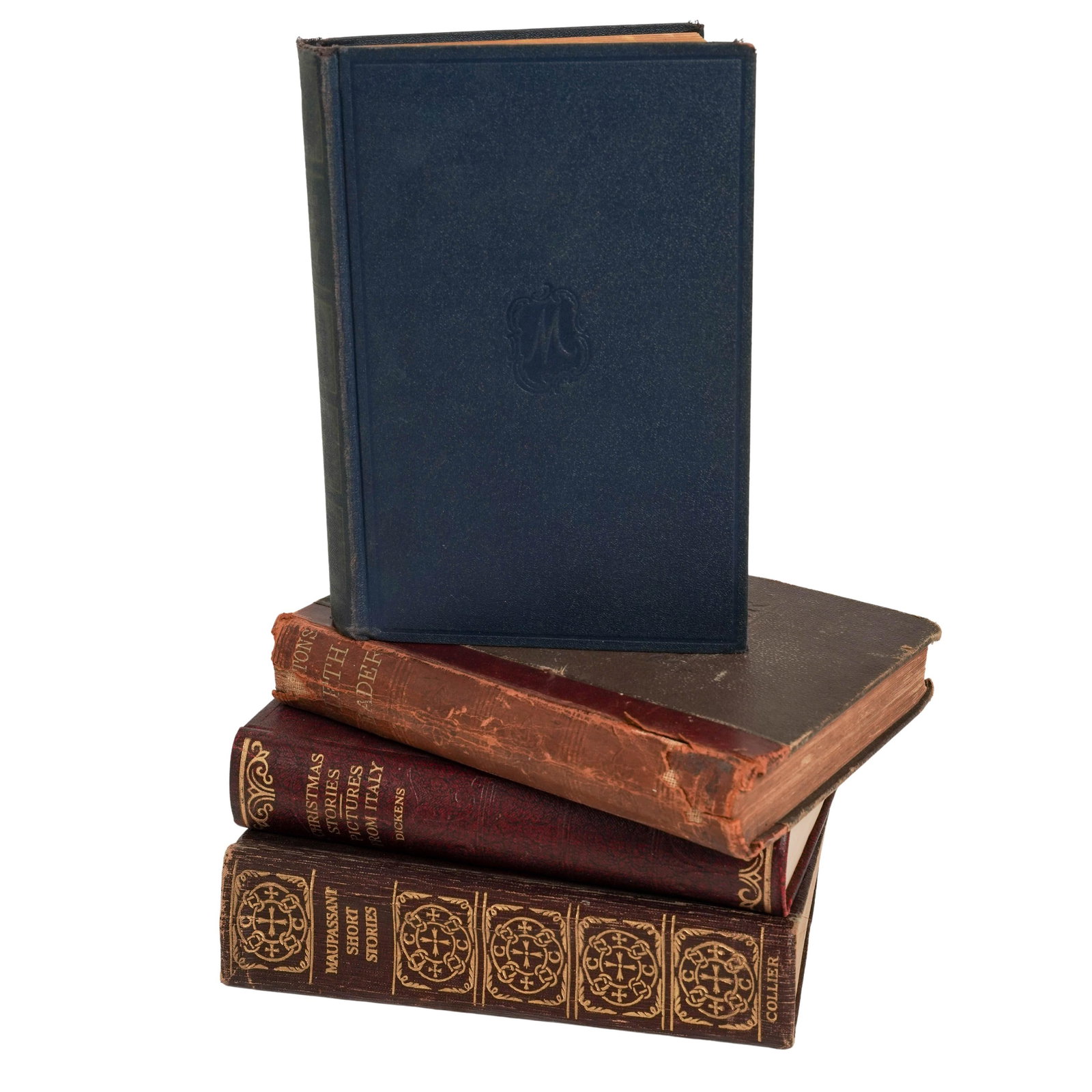 (4 pc) Lot of Antique Books: (4 pc) Lot of Antique Books Late 19th century- early 20th century, European Lot of antique books includes: (1) Guy de Maupassant, Boule de Suif and other stories. Printed in USA. (1) The complete