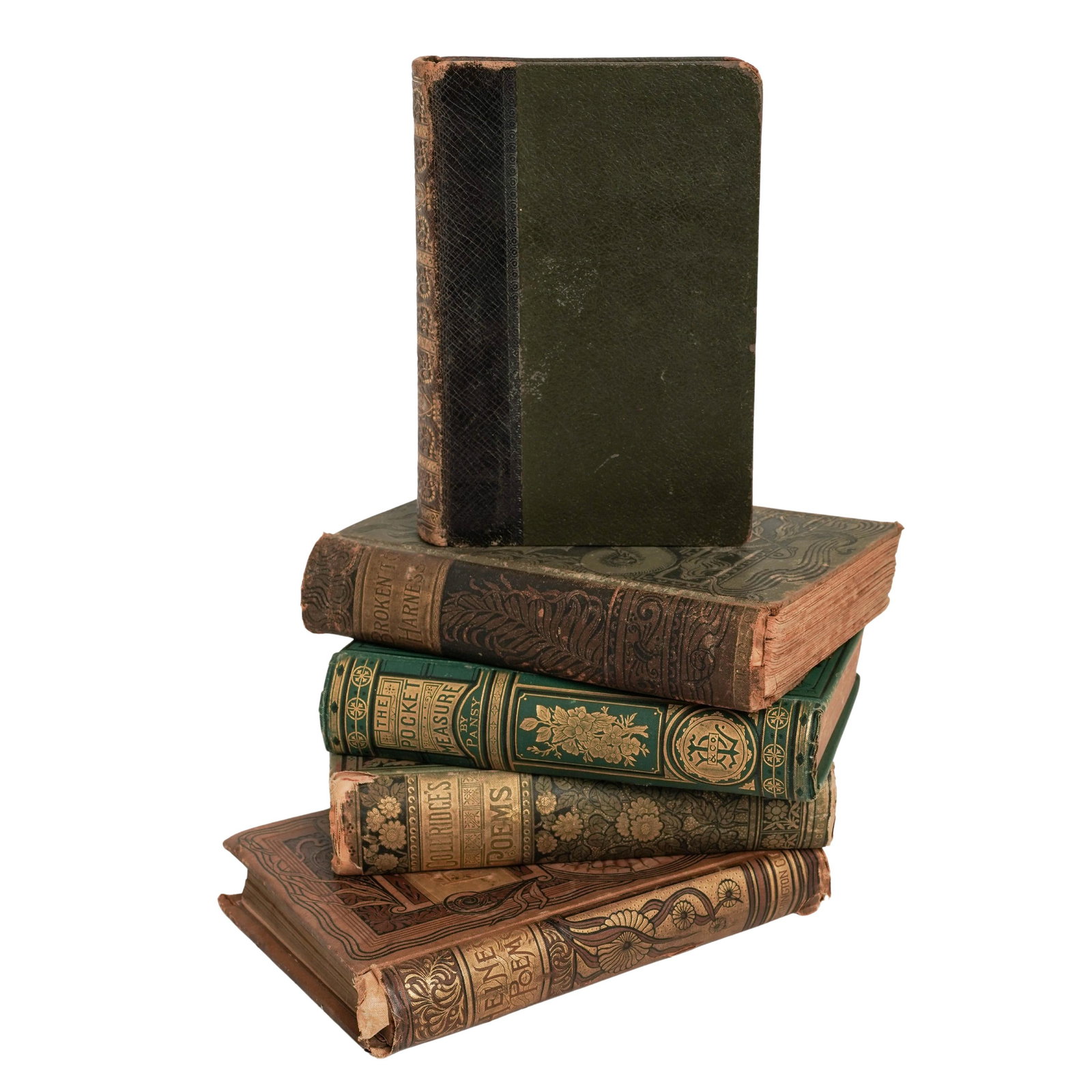 (5 pc) Grouping of Antique Gilt Stamped Spine Books: (5 pc) Grouping of Antique Gilt Stamped Spine Books Late 19th Century, USA Grouping of Antique Gilt Stamped Spine Books Including The Pocket Measure by Pansy (1881); The Poetical Works of S.T. Colerid