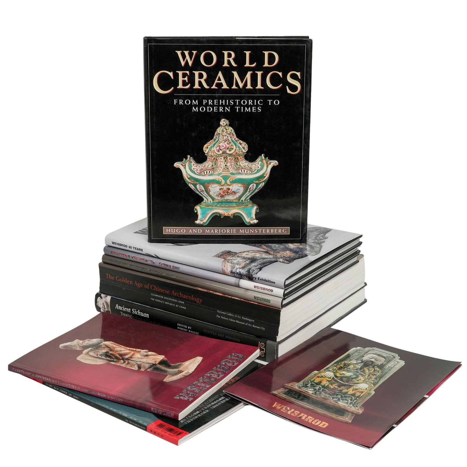 (9 pc) Vintage Asian Catalogs & Books: (9 pc) Vintage Asian Catalogs & Books Late 20th Century, USA Including Ancient Sichuan Treasures from a Lost Civilization by Robert Bagley (2001); The Golden Age of Chinese Archaeology by Xiaoneng Yan