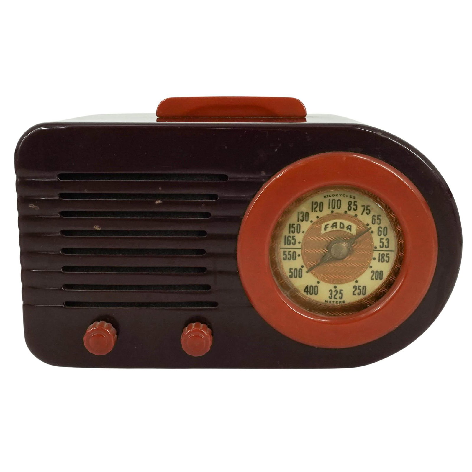 Vintage Fada Model 1000 "Bullet" Coffee & Caramel Catalin Tube Radio: Vintage Fada Model 1000 "Bullet" Coffee & Caramel Catalin Tube Radio Mid-20th Century, USA Vintage FADA Model 1000 “Bullet” Catalin tube radio in coffee and caramel tones, featuring the iconic