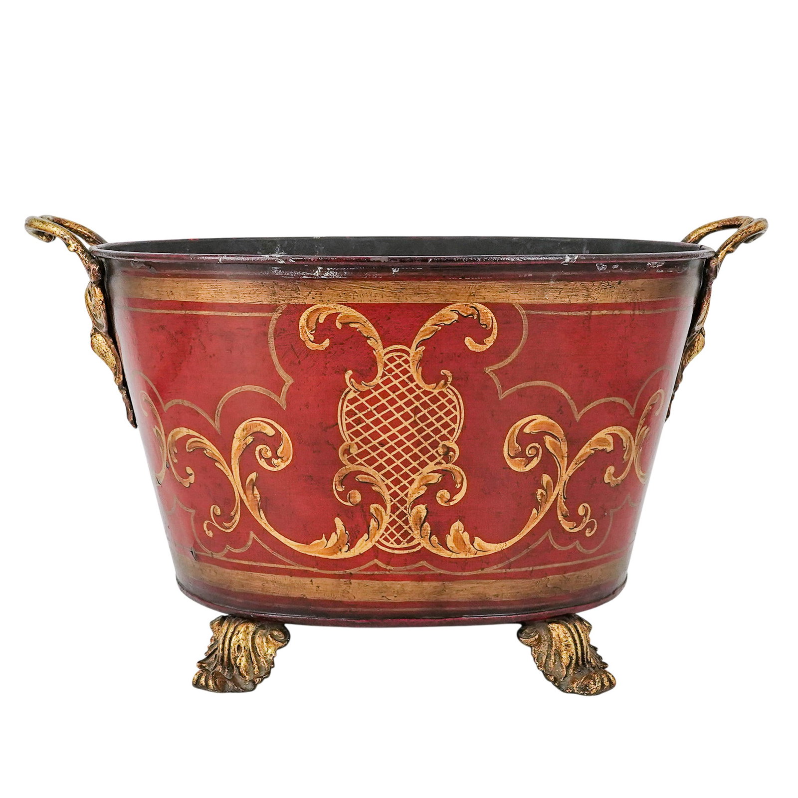 Antique French Red Tole Planter: Antique French Red Tole Planter 20th Century, French Antique French Red Tole Planter; featuring a deep red painted body with hand-painted gilt scrolling foliate decoration, twin handled form, and orna