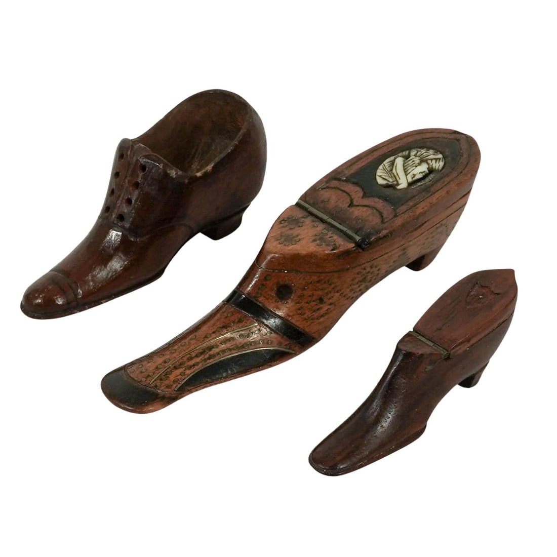 (3 Pc) Antique Treen Pincushion & Snuff Box Shoes: (3 Pc) Antique Treen Pincushion & Snuff Box Shoes 19th c., France Antique carved wood shoe-form (1) pin cushion holder and (2) snuff boxes. The larger snuff box is decorated with extensive pique work 