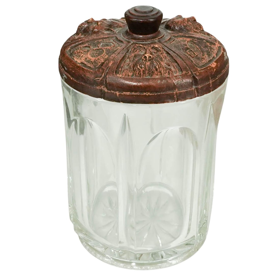 Antique Tobacco Jar With Carved Wood Dog Lid: Antique Tobacco Jar With Carved Wood Dog Lid Early 20th Century, USA Charming antique tobacco jar featuring a molded glass base with vertical fluting and a decorative metal lid adorned with figural do