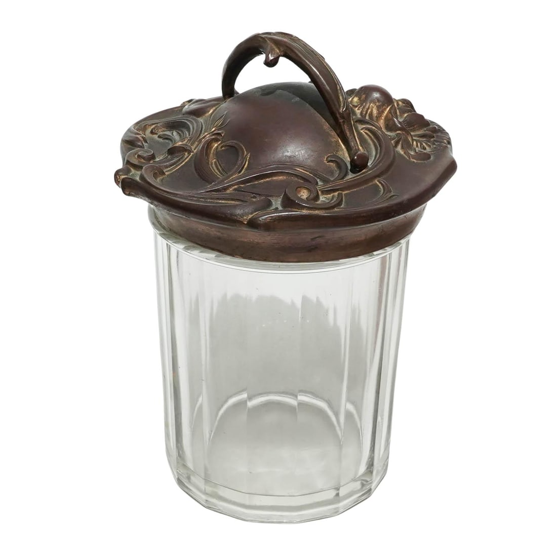 Antique Art Nouveau Tobacco Jar: Antique Art Nouveau Tobacco Jar Late 19th-Early 20th c. Antique glass tobacco humidor featuring a heavy, fluted, paneled pressed-glass body topped by an ornate gilded Art Nouveau metal repousse lid wi