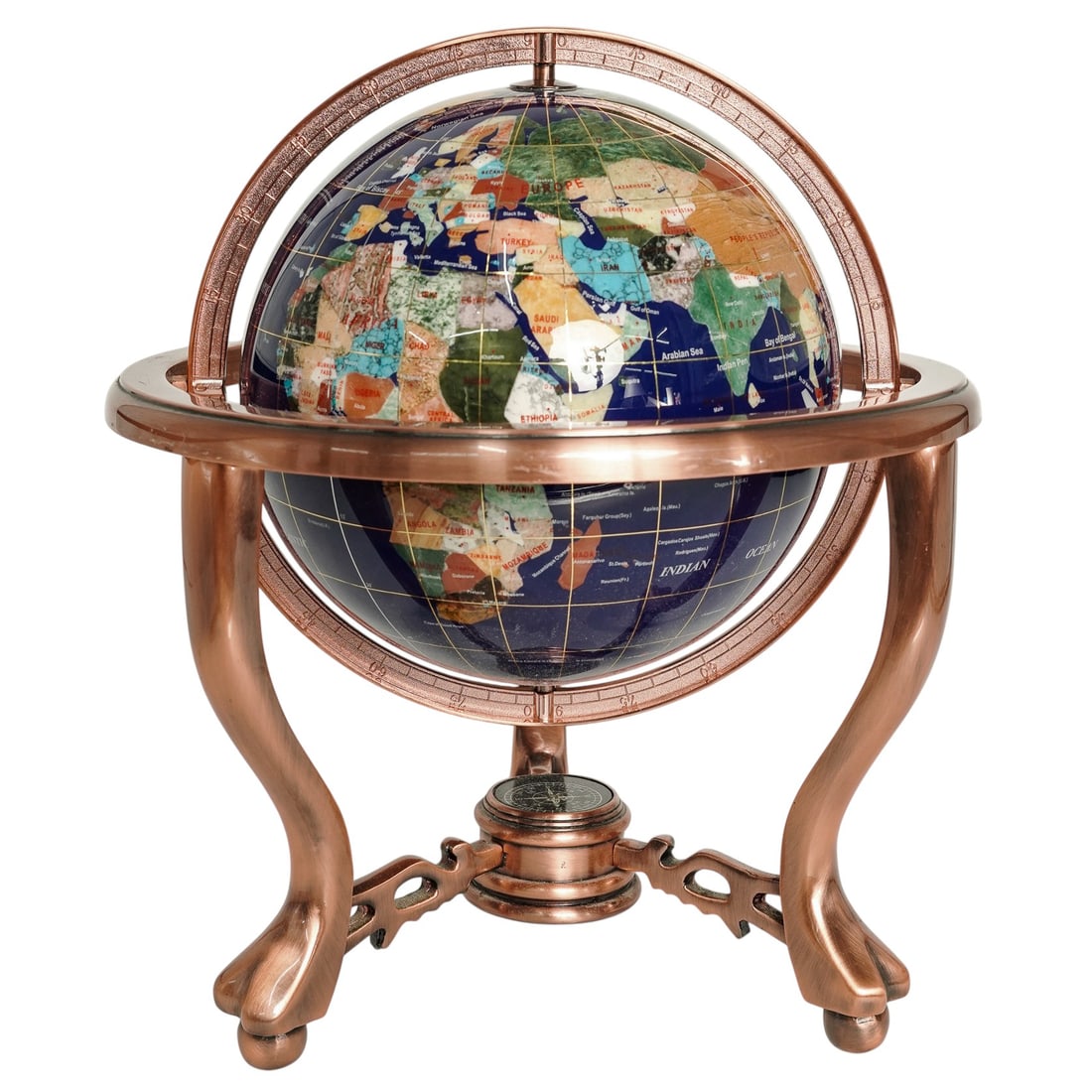 Gemstone World Globe & Compass With Copper Stand: Gemstone World Globe & Compass With Copper Stand 20th Cent. This is a handcrafted gemstone world globe featuring a vibrant mosaic of semi-precious stones. The continents are painstakingly inlaid with 