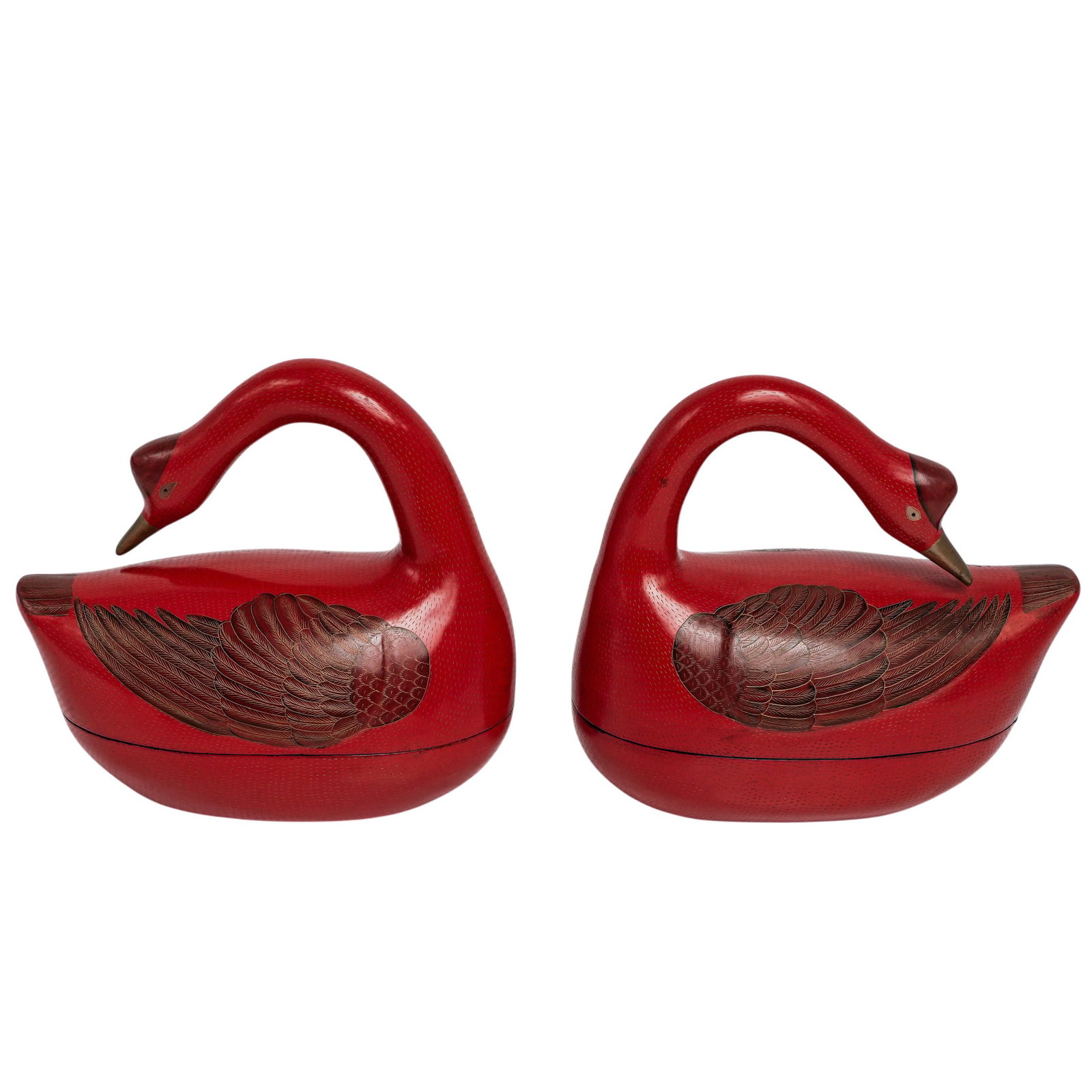 Pair of Vintage Chinese Red Lacquered Duck Trinket Boxes (1 of 6)