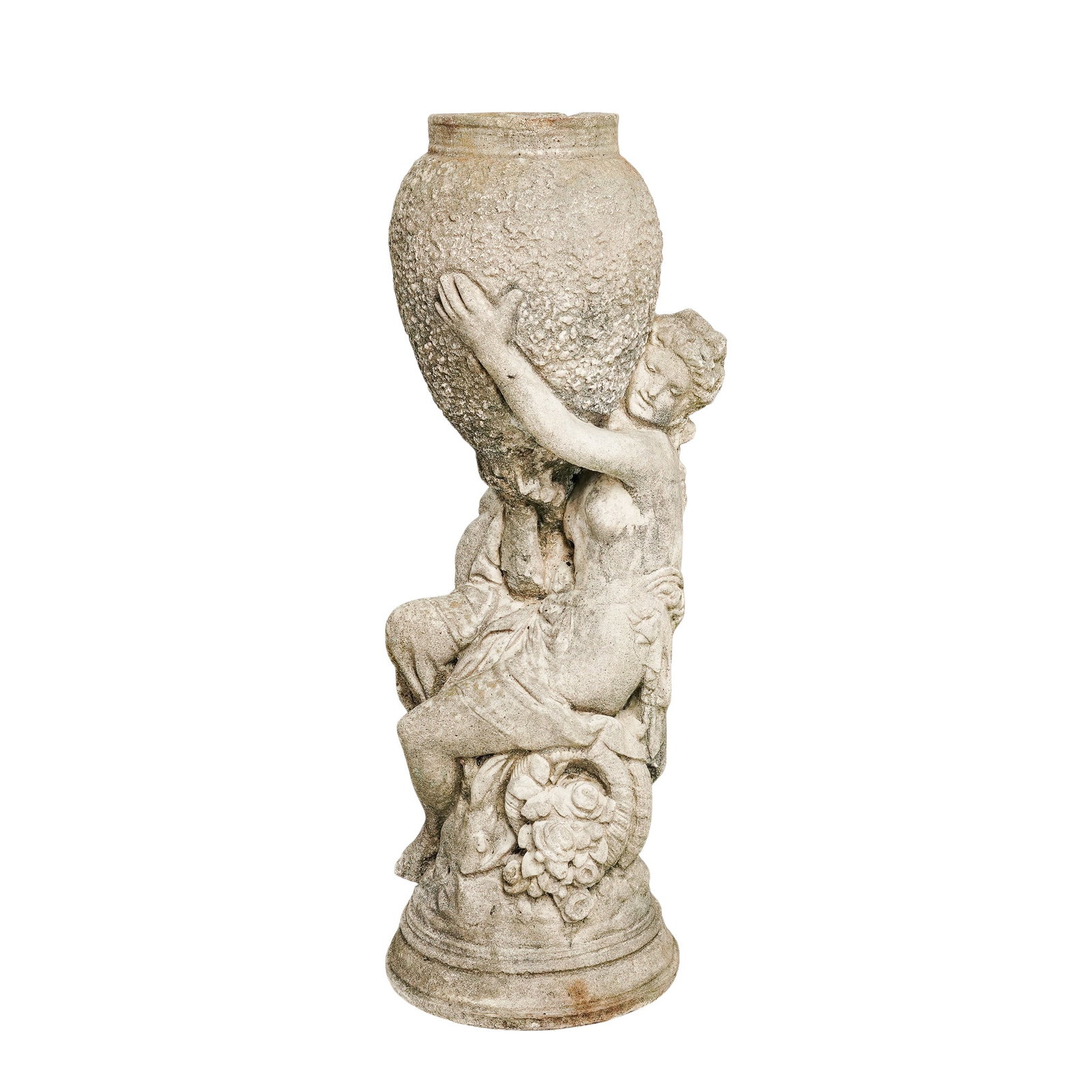 After Isabelo Tampinco Cast Stone Nymph Planter: After Isabelo Tampinco Cast Stone Nymph Planter 20th century, Continental A cast stone planter depicting a nymph holding a vase after Isabelo Tampinco. H 23.5" x Diameter 7"