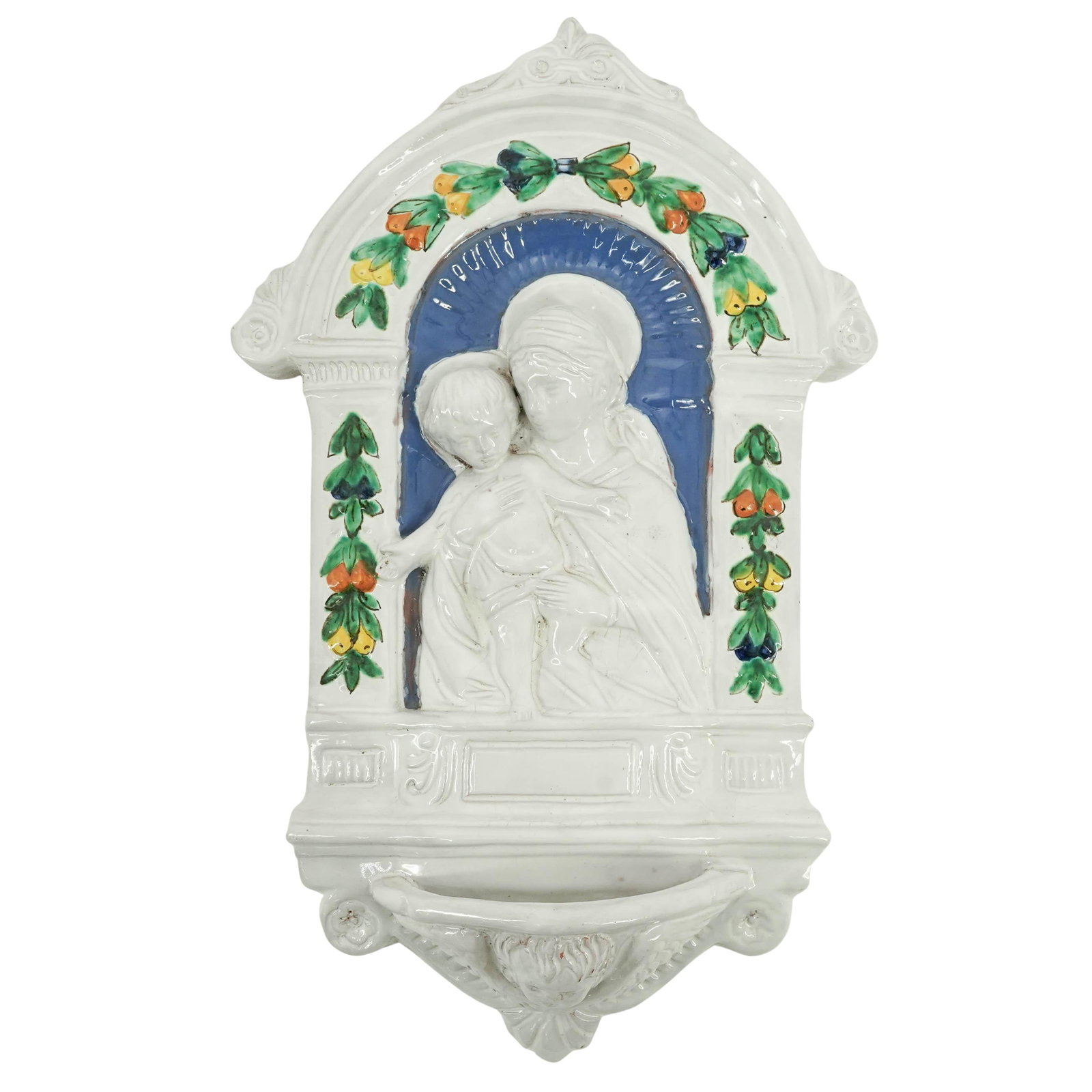 Vintage Majolica Virgin & Child Religious Water Font: Vintage Majolica Virgin & Child Religious Water Font 20th Century, Italy Vintage majolica religious water font depicting the Virgin and Child in high relief beneath an architectural canopy. Finished i