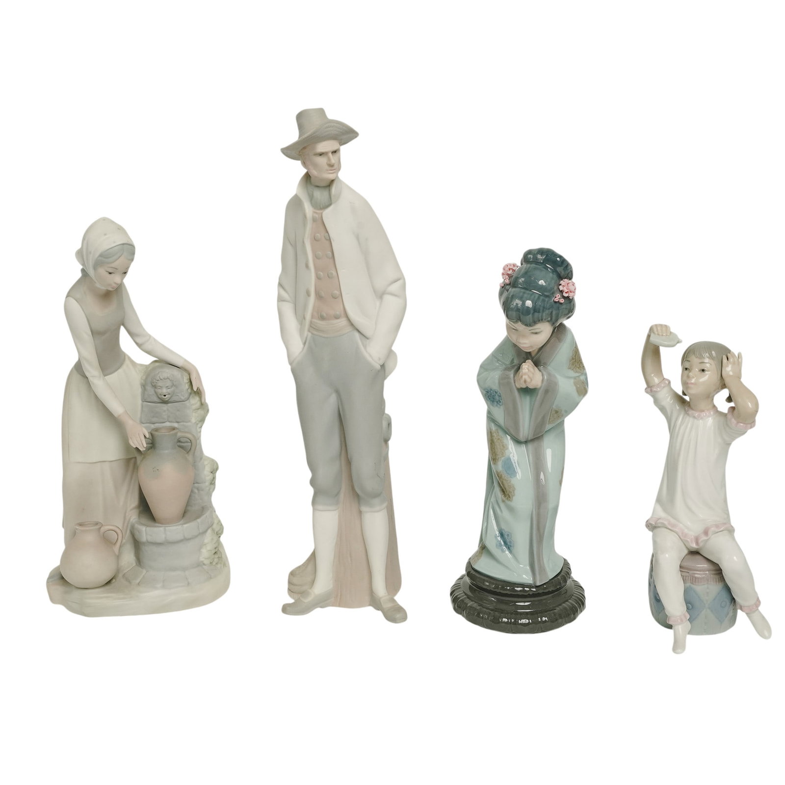 (4 Pcs) Lladro & Nao Porcelain Figurines Group: (4 Pcs) Lladro & Nao Porcelain Figurines Group 20th century, Spain Lladro & Nao Porcelain Group includes: (1) Lladro Geisha girl, wearing light blue kimono. (1) Sailor, large Lladro figurine. (1) Nao 