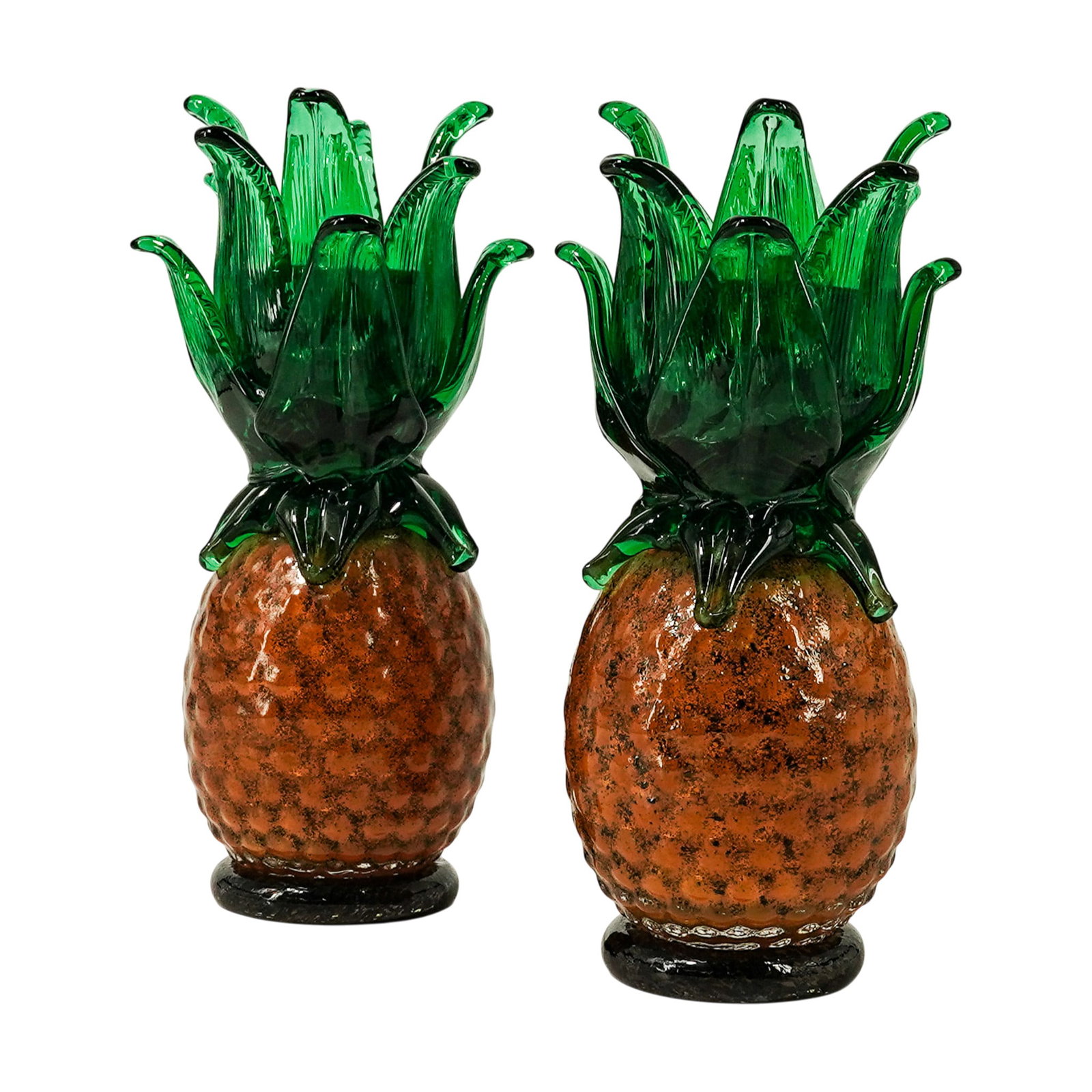 Pair of Vintage Czech Glass Pineapple Candleholders: Pair of Vintage Czech Glass Pineapple Candleholders 20th Cent., Czech These hand-blown art glass pineapple sculptures are vibrant pieces characterized by a richly textured amber body and a dramatic sp