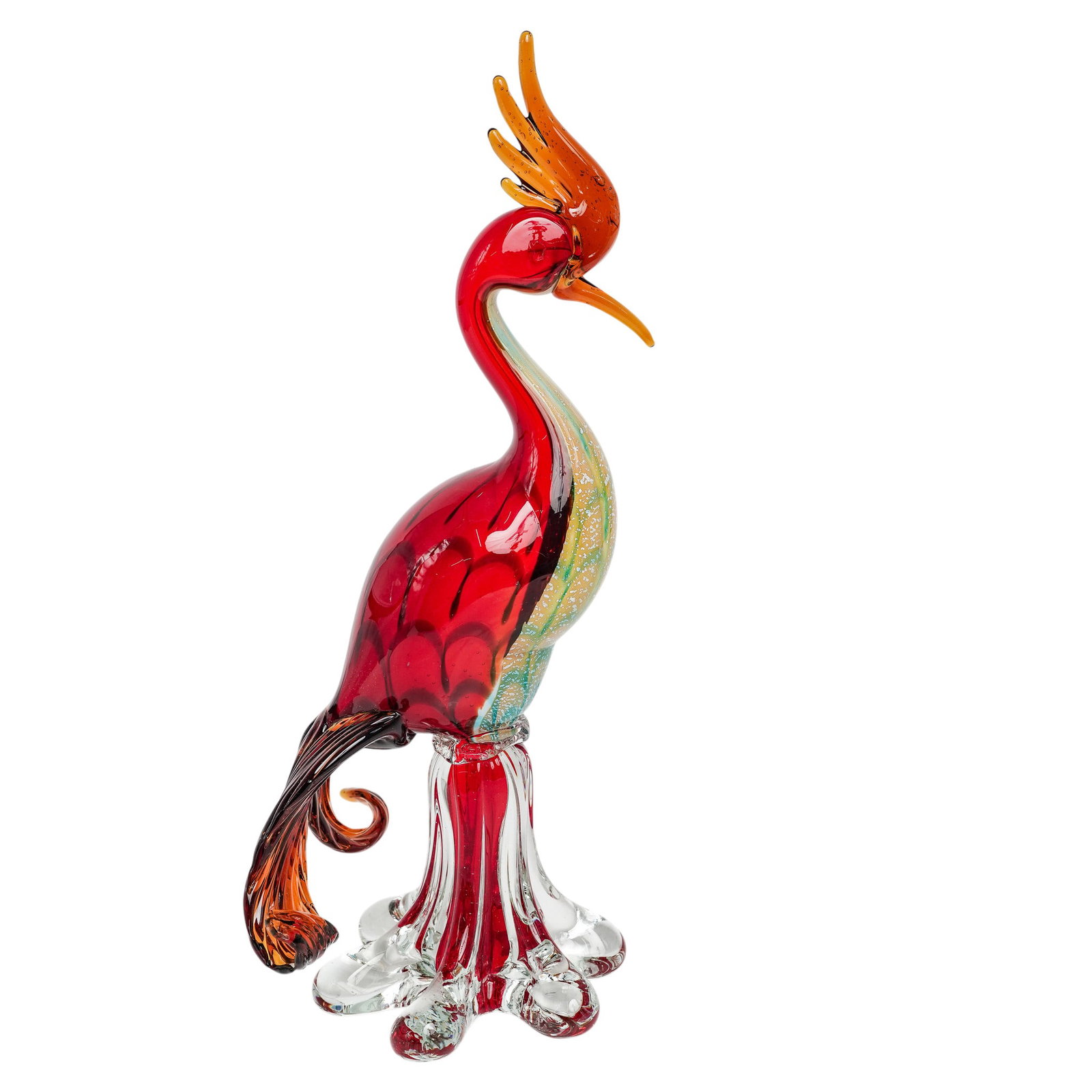 Murano Art Glass Large Bird of Paradise Figurine: Murano Art Glass Large Bird of Paradise Figurine MCM, Italy This large piece features a vibrant mix of colors, including red, yellow, and blue and silver leaf inclusions that add a shimmering effect. 