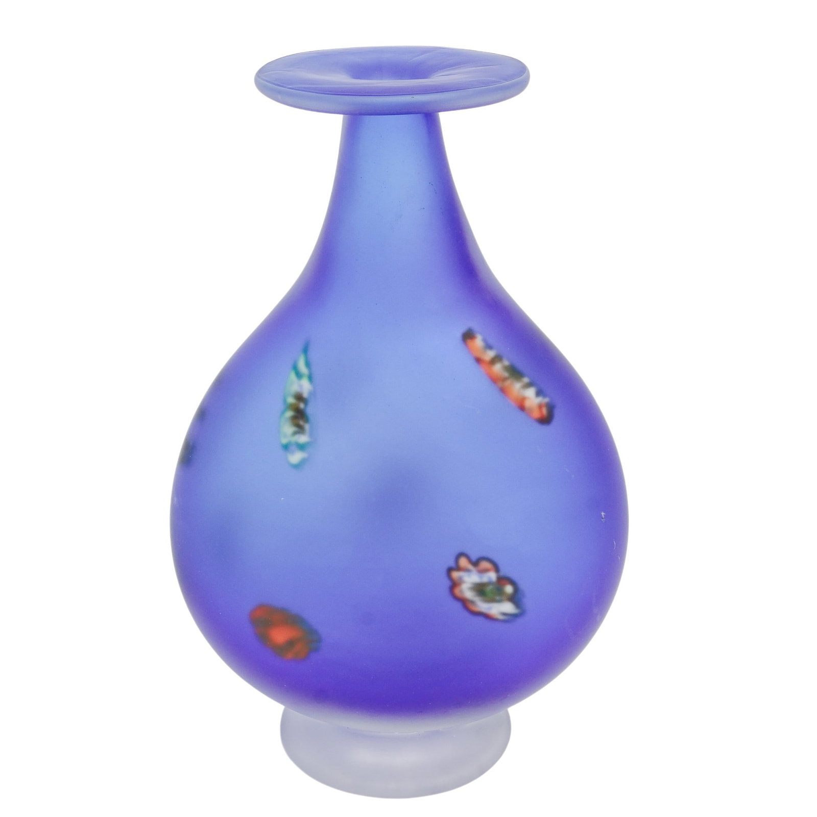 Large Cobalt Blue Murano Frosted Millefiori Vase: Large Cobalt Blue Murano Frosted Millefiori Vase 20th century, Italian Cobalt blue Murano frosted with Millefiori, the colorful, abstract shapes inside. The vase is supported by a clear, frosted circu