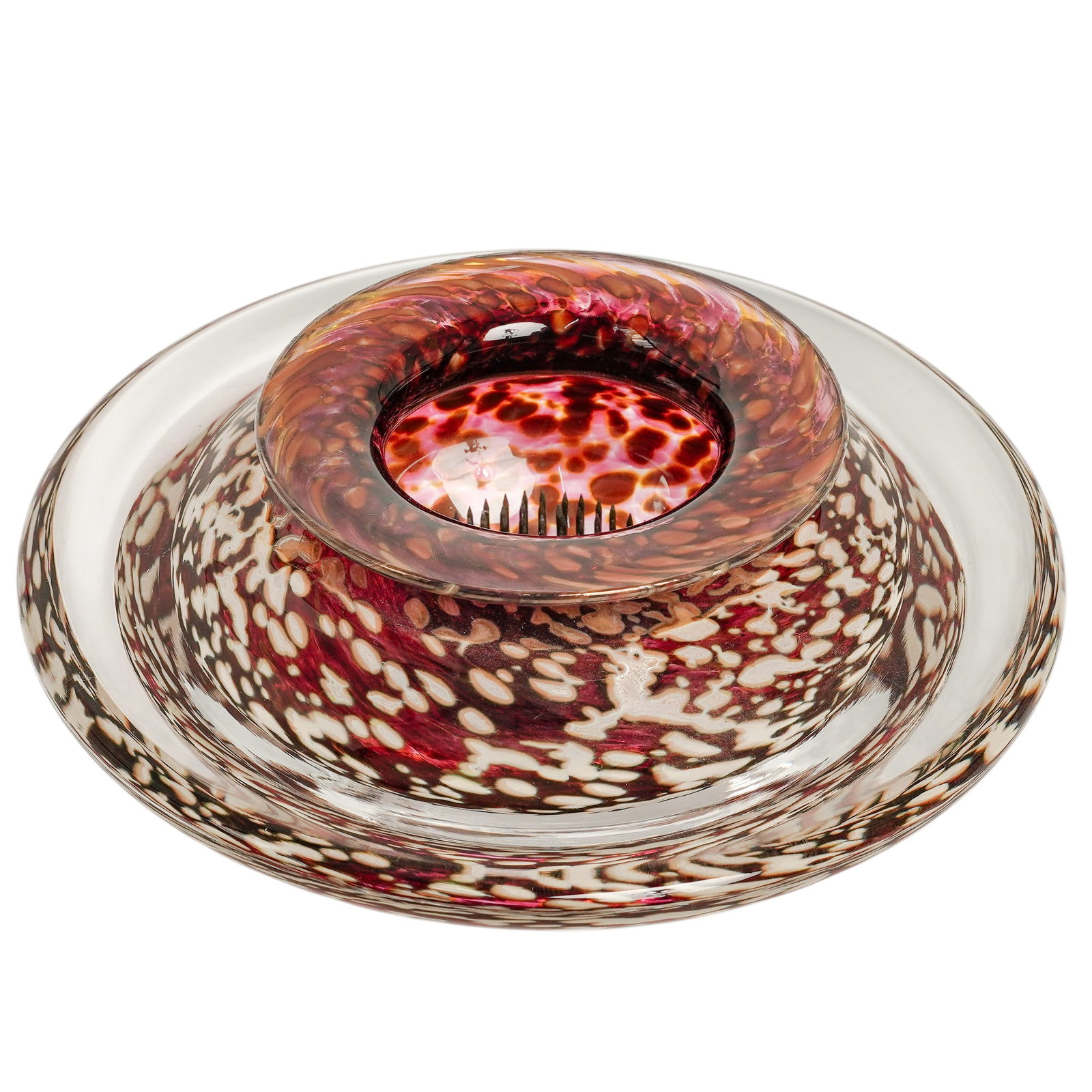 Art Glass Ikebana Vase Bowl: Art Glass Ikebana Vase Bowl 20th century, Asian A functional piece of art specifically designed for the Japanese art of flower arranging. It is crafted from hand-blown glass and features a unique mott