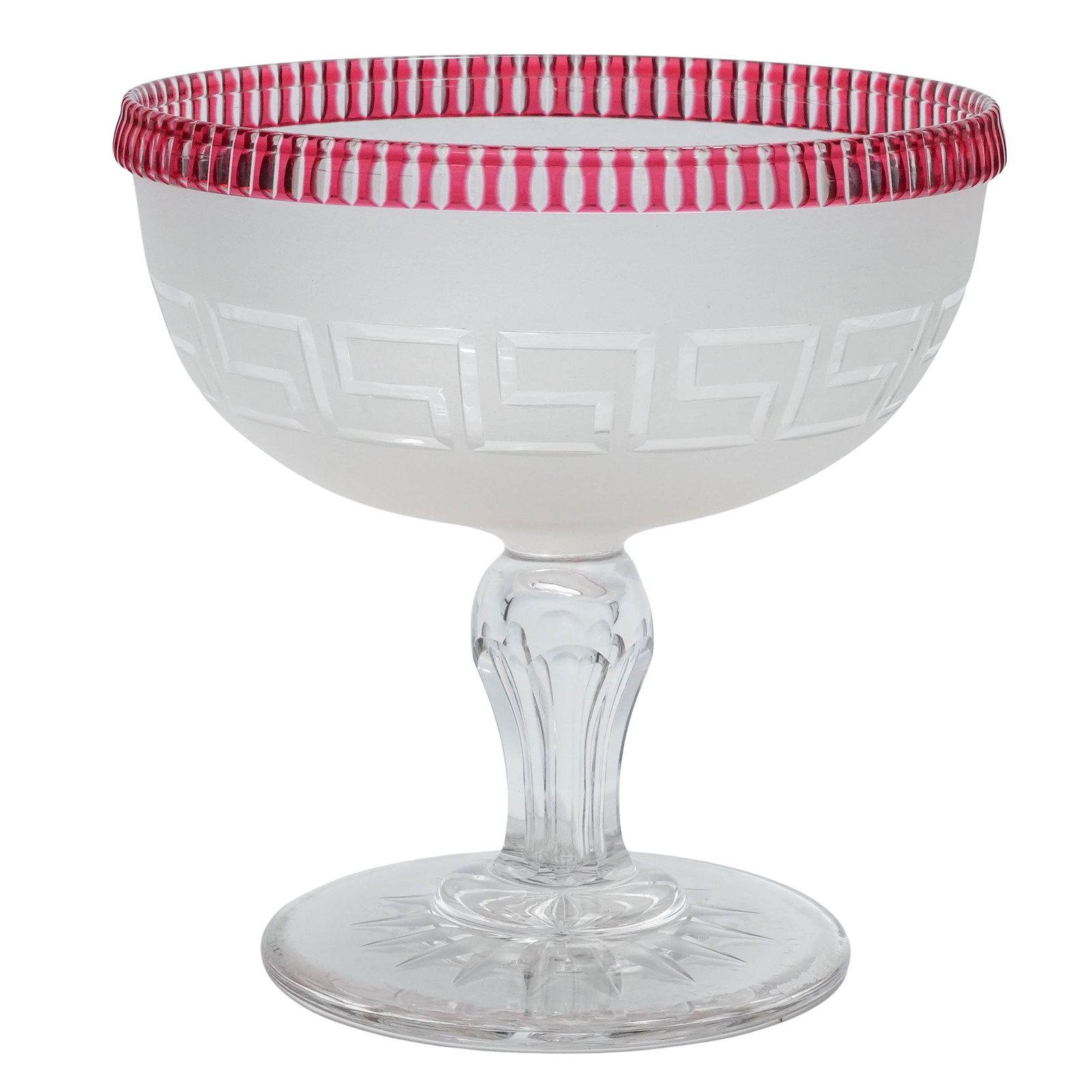 Molineaux, Webb & Co Frosted & Cranberry Glass Compote: Molineaux, Webb & Co Frosted & Cranberry Glass Compote c. 1860-1890. UK The bowl showcases a frosted glass body etched with a traditional Greek Key motif. The rim is finished with a "ruby flash" techn