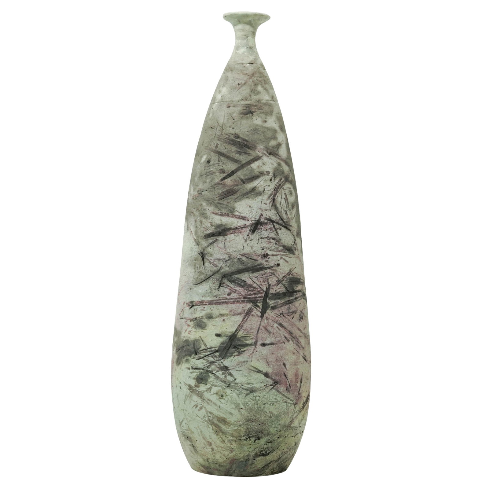 Signed Studio Pottery Vase: Signed Studio Pottery Vase Late 20th c. Tall, slender, vase featuring an elongated teardrop silhouette with a narrow neck and flared rim. It has a rough concrete texture with grey, black, purple, and