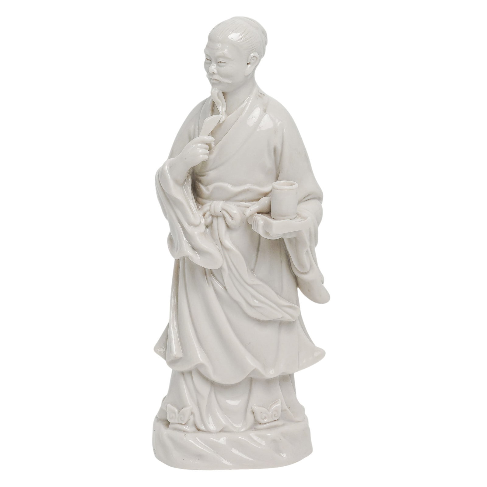 Chinese Blanc de Chine "Wise Man" Porcelain Figurine: Chinese Blanc de Chine "Wise Man" Porcelain Figurine Early-Mid 20th century, Chinese The statue depicts a figure in traditional attire, he is wearing flowing robes and a tied sash, holding a small ves