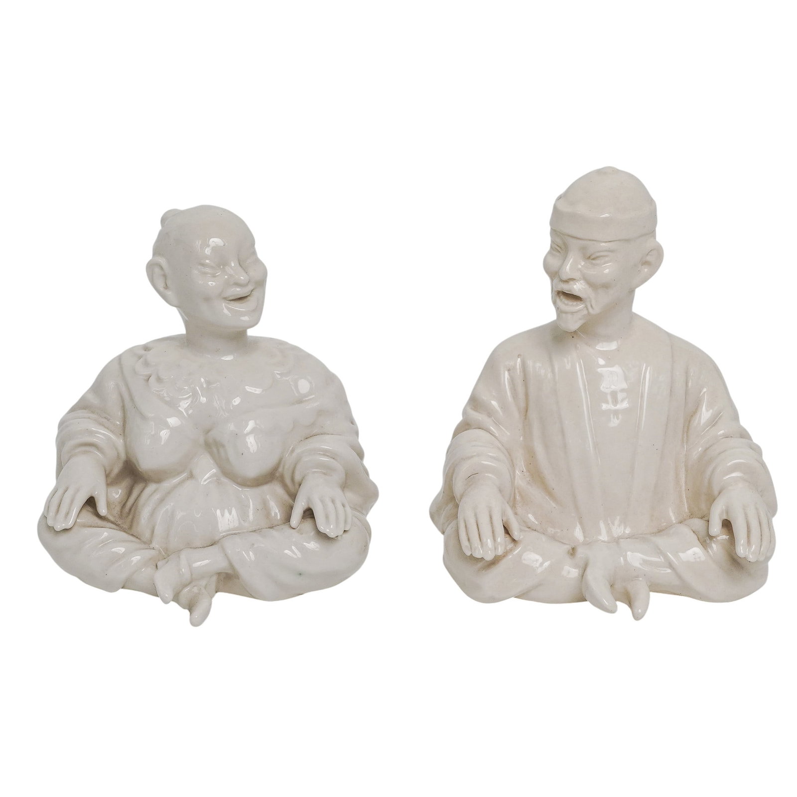 (2 pc) Chinese Blanc de Chine Porcelain Nodders-Style figures: (2 pc) Chinese Blanc de Chine Porcelain Nodders-Style figures 1950s-1980s, Chinese Nodders-style porcelain blank de chine high-gloss figures, this design visually mimicking "nodder" or pagoda figurine