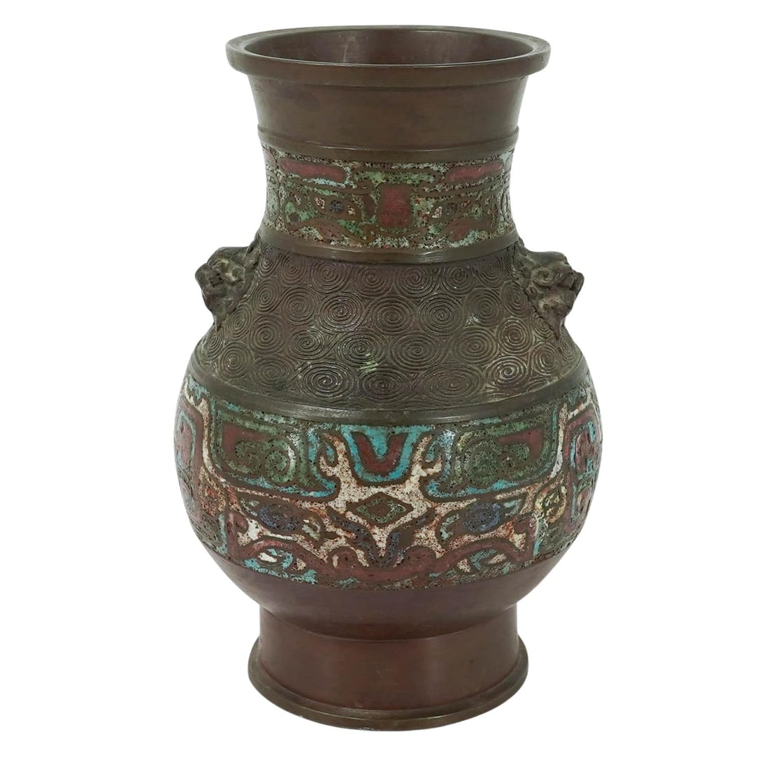 Antique Chinese Bronze Champleve Vase: Antique Chinese Bronze Champleve Vase Early 20th Century, China. Antique Chinese bronze vase featuring champlevé enamel decoration in stylized geometric and archaistic motifs. The baluster-form body 