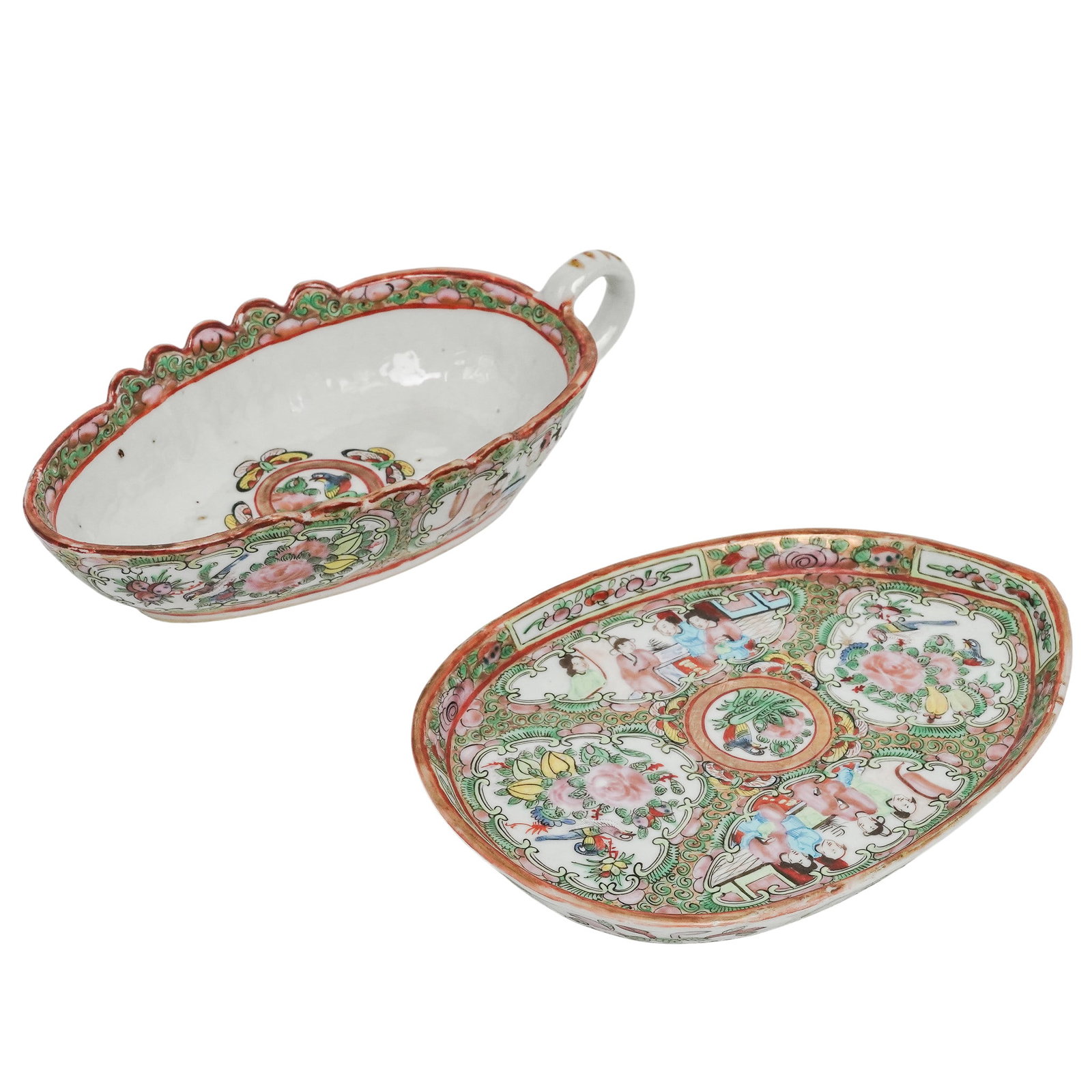 (2 pc) Antique Chinese Rose Medallion Porcelain Gravy Boat & Tray (1 of 9)