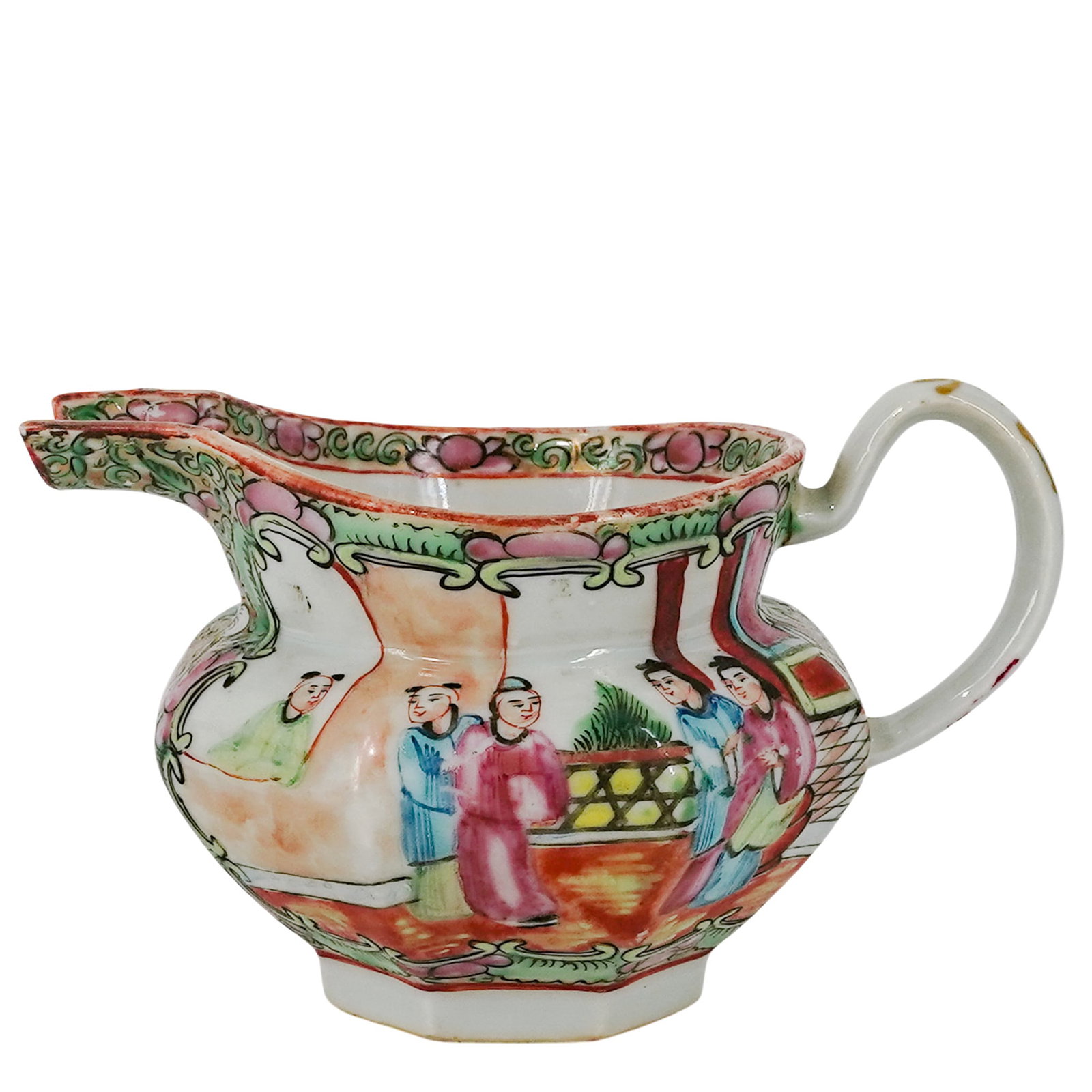 Antique Chinese Rose Medallion Porcelain Pitcher: Antique Chinese Rose Medallion Porcelain Pitcher Late 19th Century, China. Decorated with alternating figural court scenes and floral panels in famille rose enamels, accented with scrolling borders