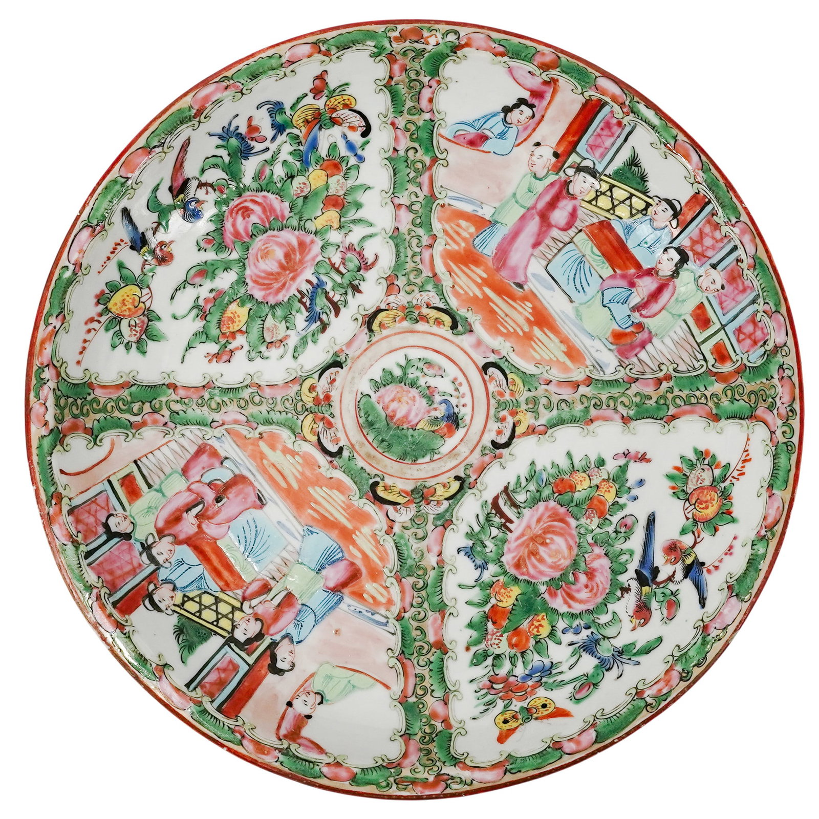 Antique Chinese Rose Medallion Porcelain Plate: Antique Chinese Rose Medallion Porcelain Plate 19th Century, China. Finely decorated with alternating figural court scenes, floral reserves, butterflies, and birds in vibrant famille rose enamels with