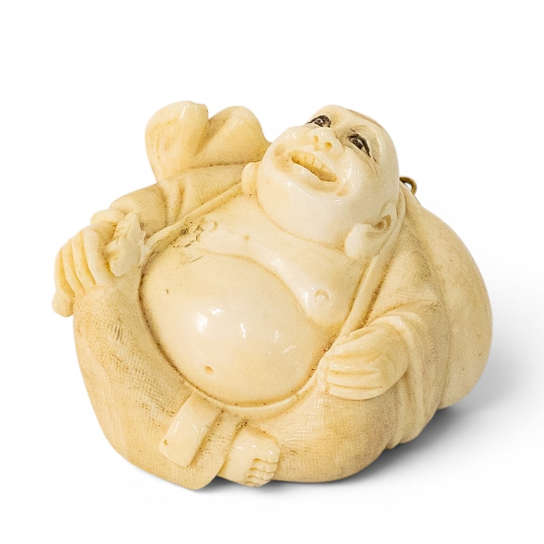 Vintage Carved Bone Hotei Buddha 14k Gold Bail Pendant Signed: Vintage Carved Bone Hotei Buddha 14k Gold Bail Pendant Signed Mid-late 20th century, Asian Vintage carved Hotei Buddha pendant in cream-tone carved bone with smiling figural form, robe and sack