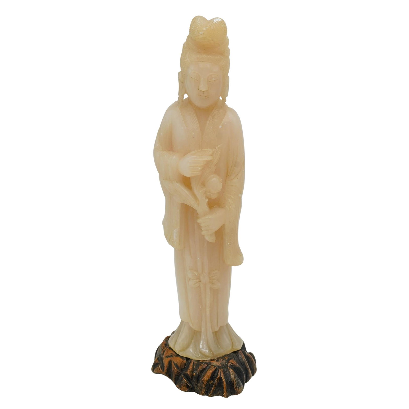 Antique Chinese Soapstone Stone Figure: Antique Chinese Soapstone Stone Figure 20th century, China Antique Chinese carved Shoushan stone sculpture depicting a standing female figure. Finely crafted with smooth detailing and mounted on a car