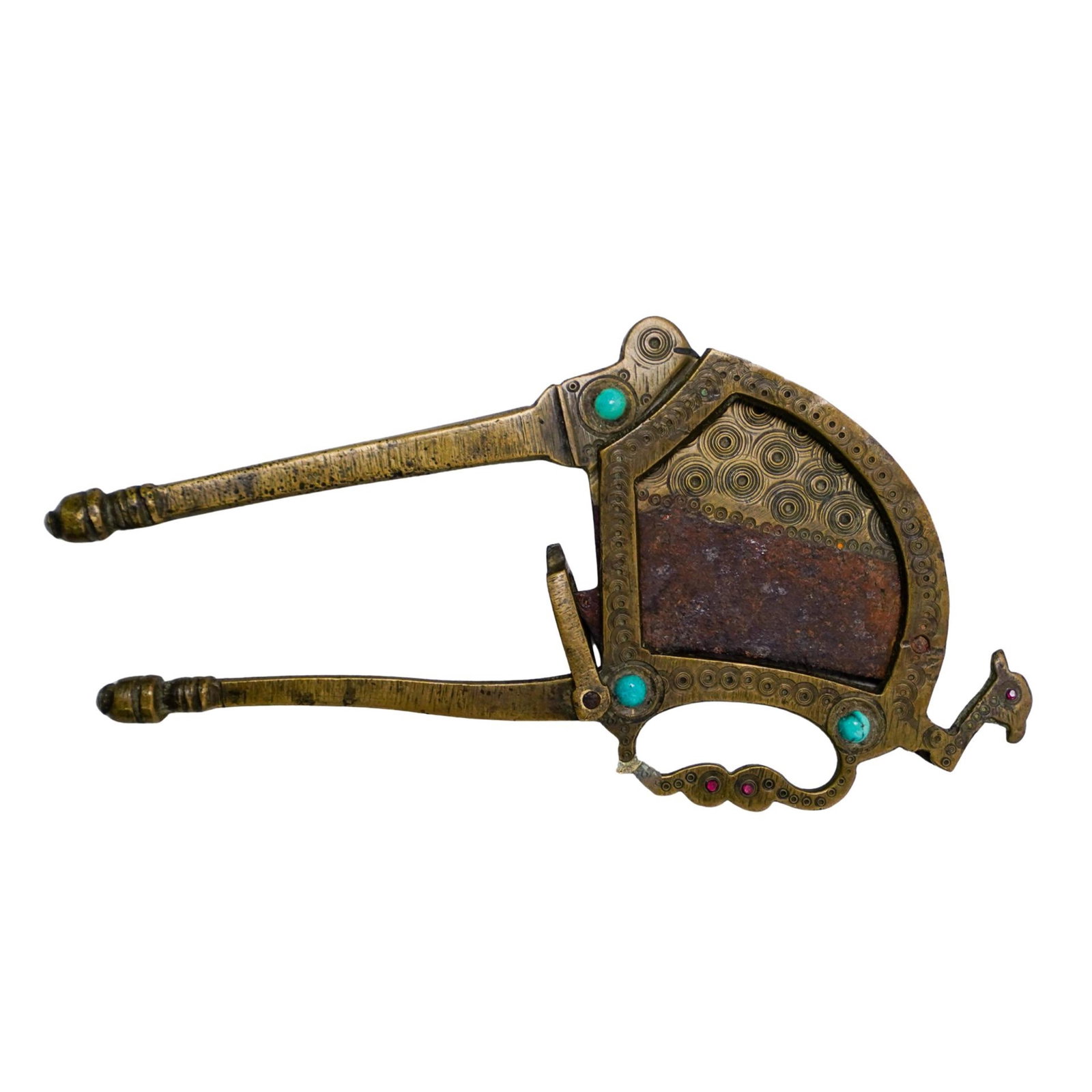 Southeast Asian Brass Betel Nut Cutter Turquoise Jeweled Bird Figure: Southeast Asian Brass Betel Nut Cutter Turquoise Jeweled Bird Figure 20th century, South Asia The betel nut cutter is made of brass and turquoise-colored stones. It has an embedded decoratively. The u